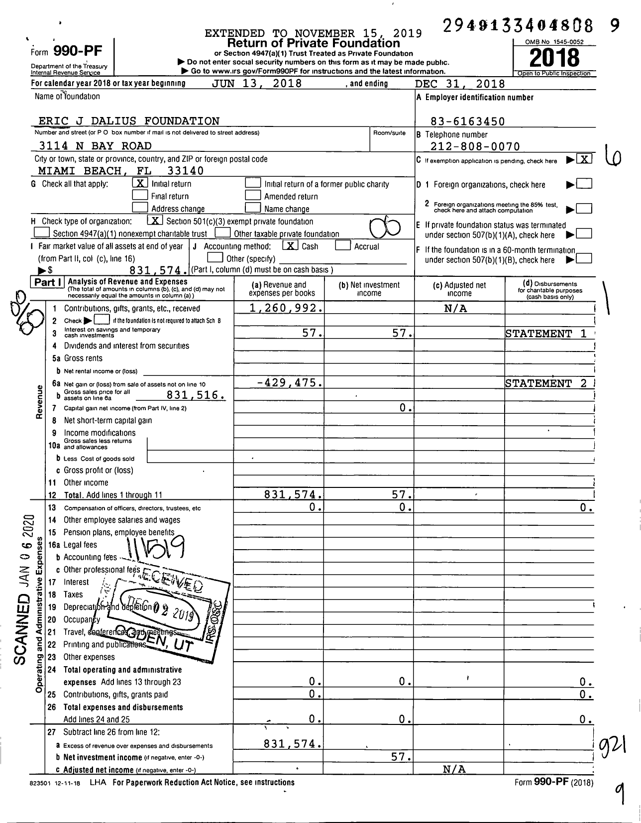 Image of first page of 2018 Form 990PF for Eric J Dalius Foundation