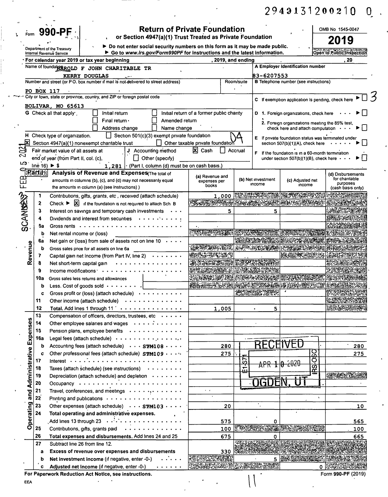 Image of first page of 2019 Form 990PF for Harold F John Charitable Trust