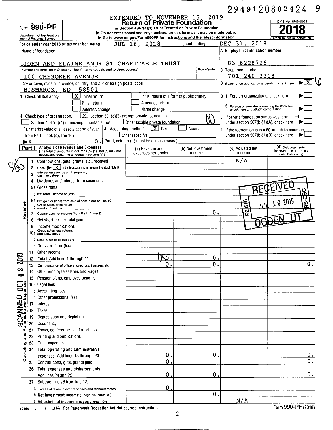Image of first page of 2018 Form 990PF for John and Elaine Andrist Charitable Trust