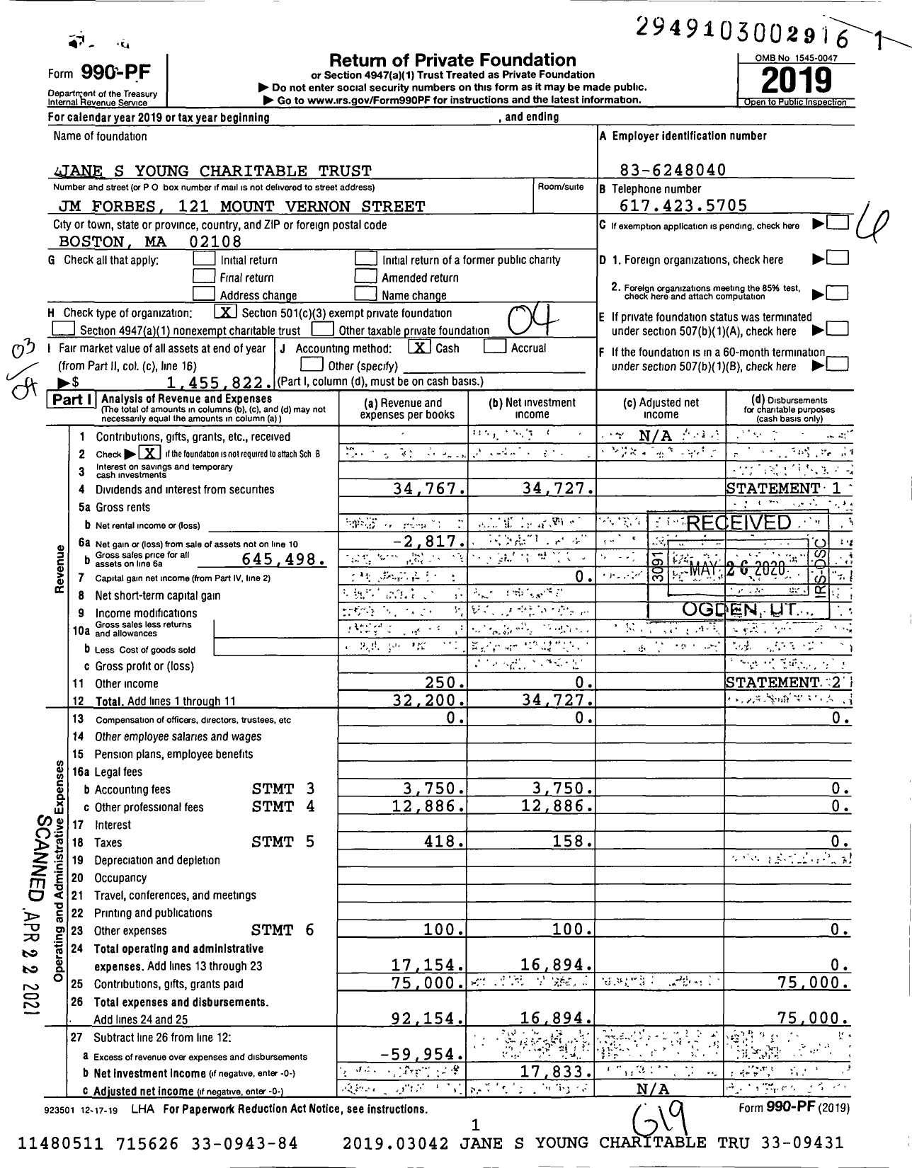 Image of first page of 2019 Form 990PF for Jane S Young Charitable Trust