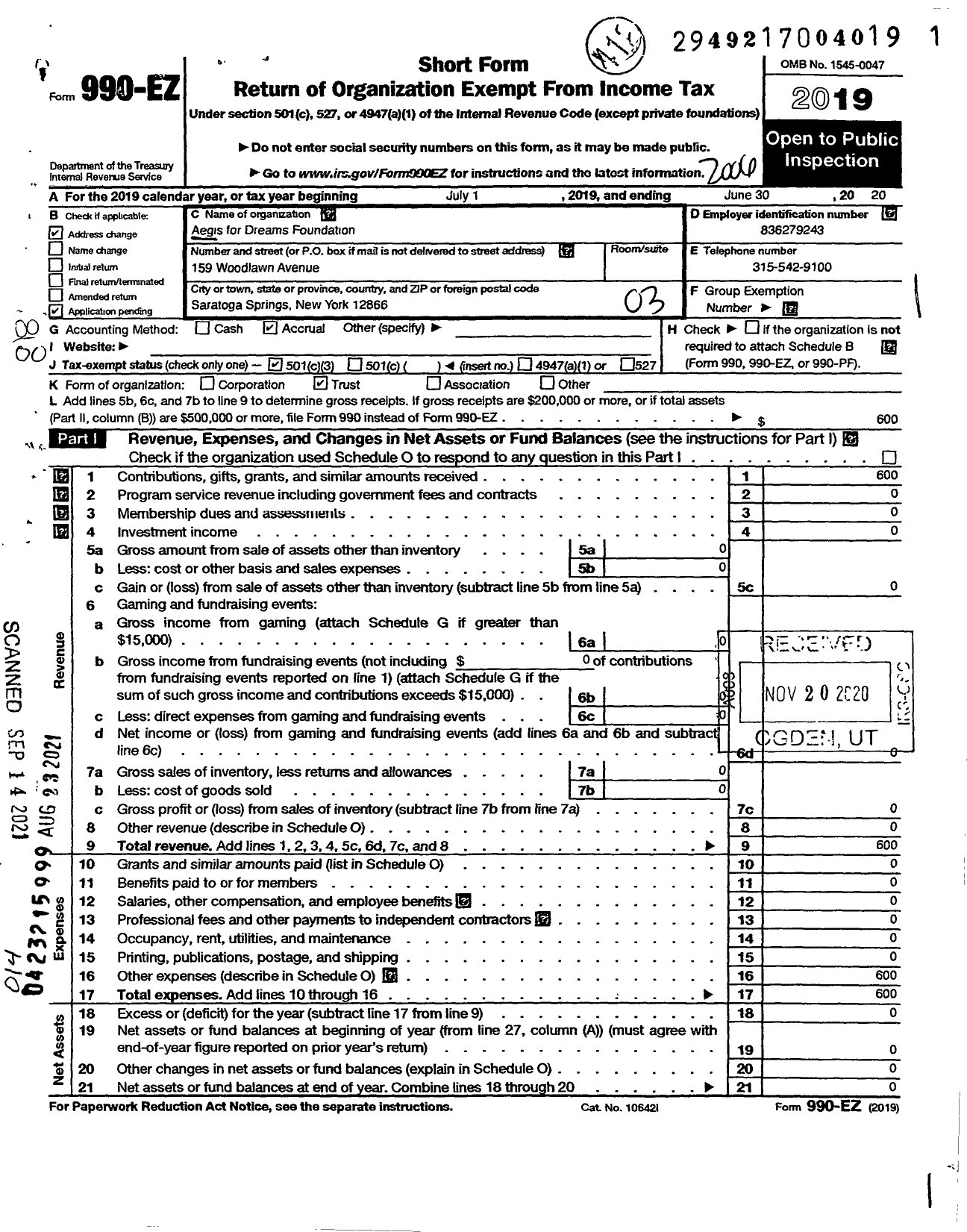 Image of first page of 2019 Form 990EO for Aegis for Dreams Foundation