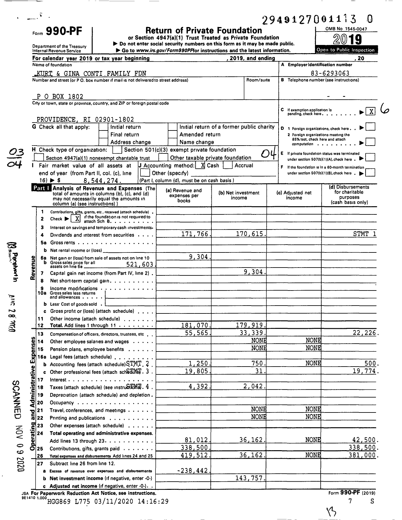 Image of first page of 2019 Form 990PF for Kurt and Gina Conti Family Foundation Ia