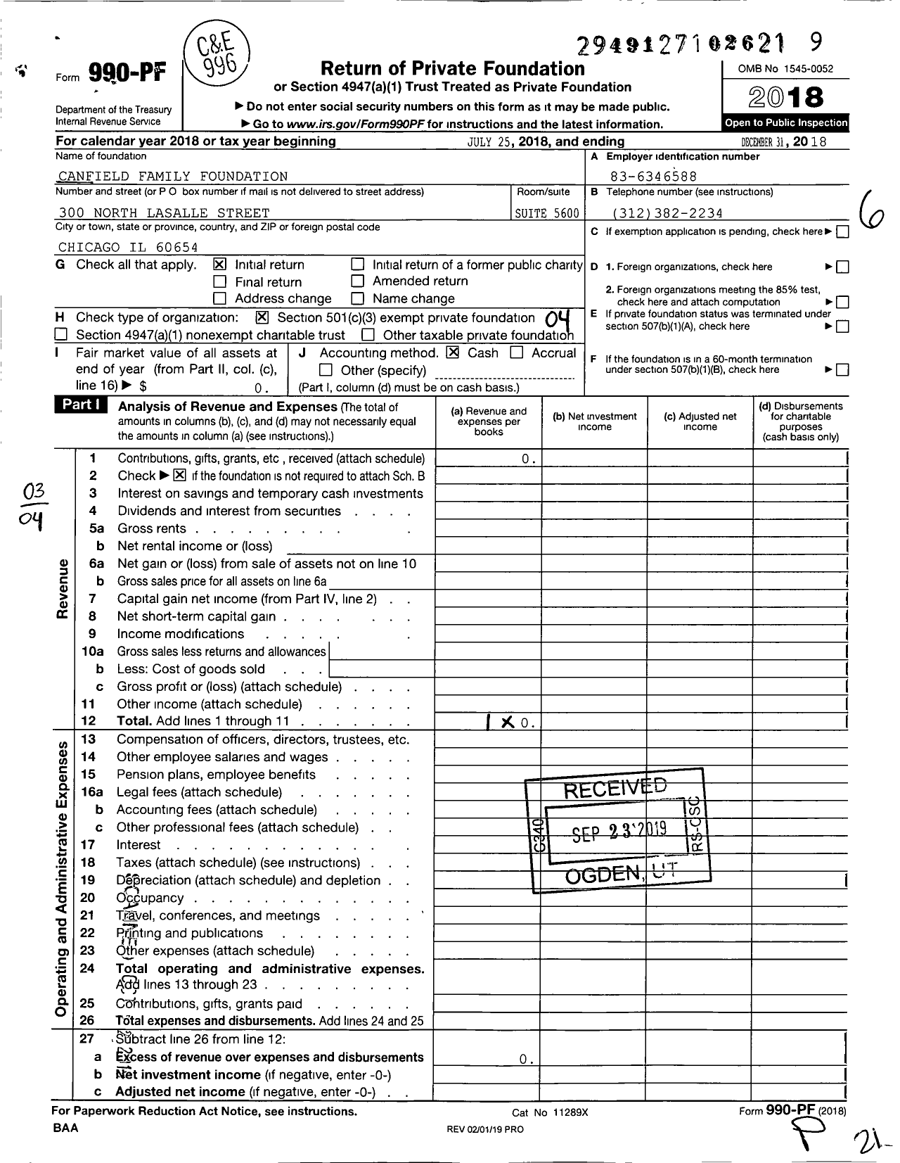 Image of first page of 2018 Form 990PF for Canfield Family Foundation / Philip A Canfield Ttee