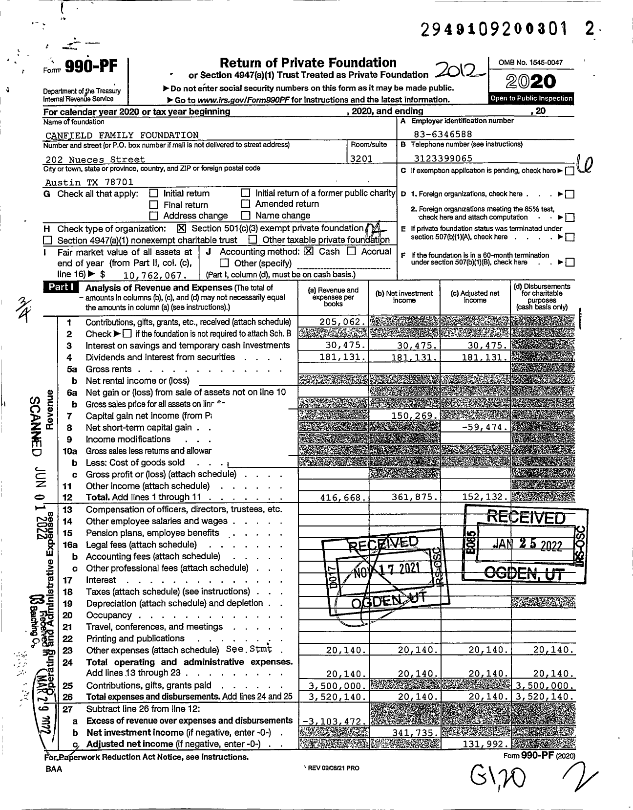 Image of first page of 2020 Form 990PF for Canfield Family Foundation / Philip A Canfield Ttee