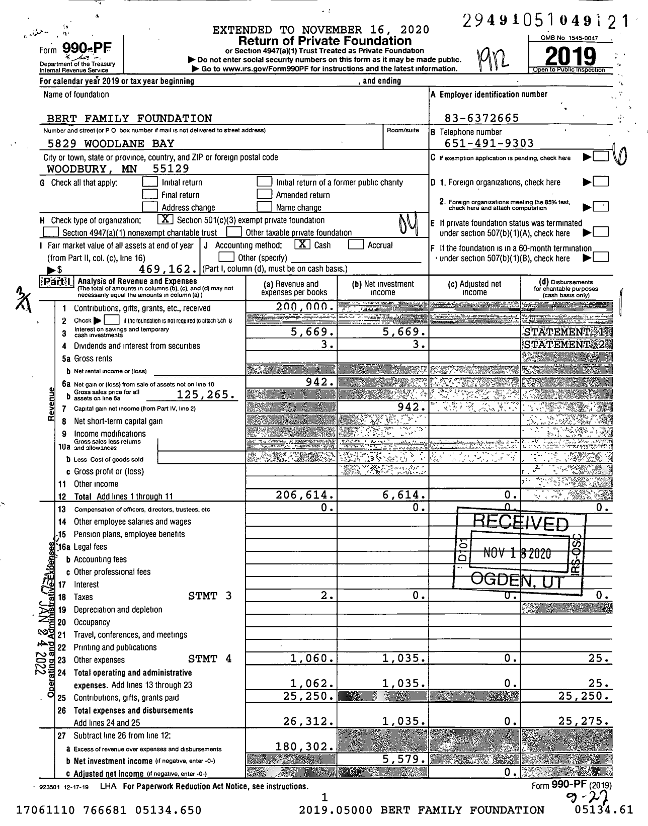 Image of first page of 2019 Form 990PF for Bert Family Foundation