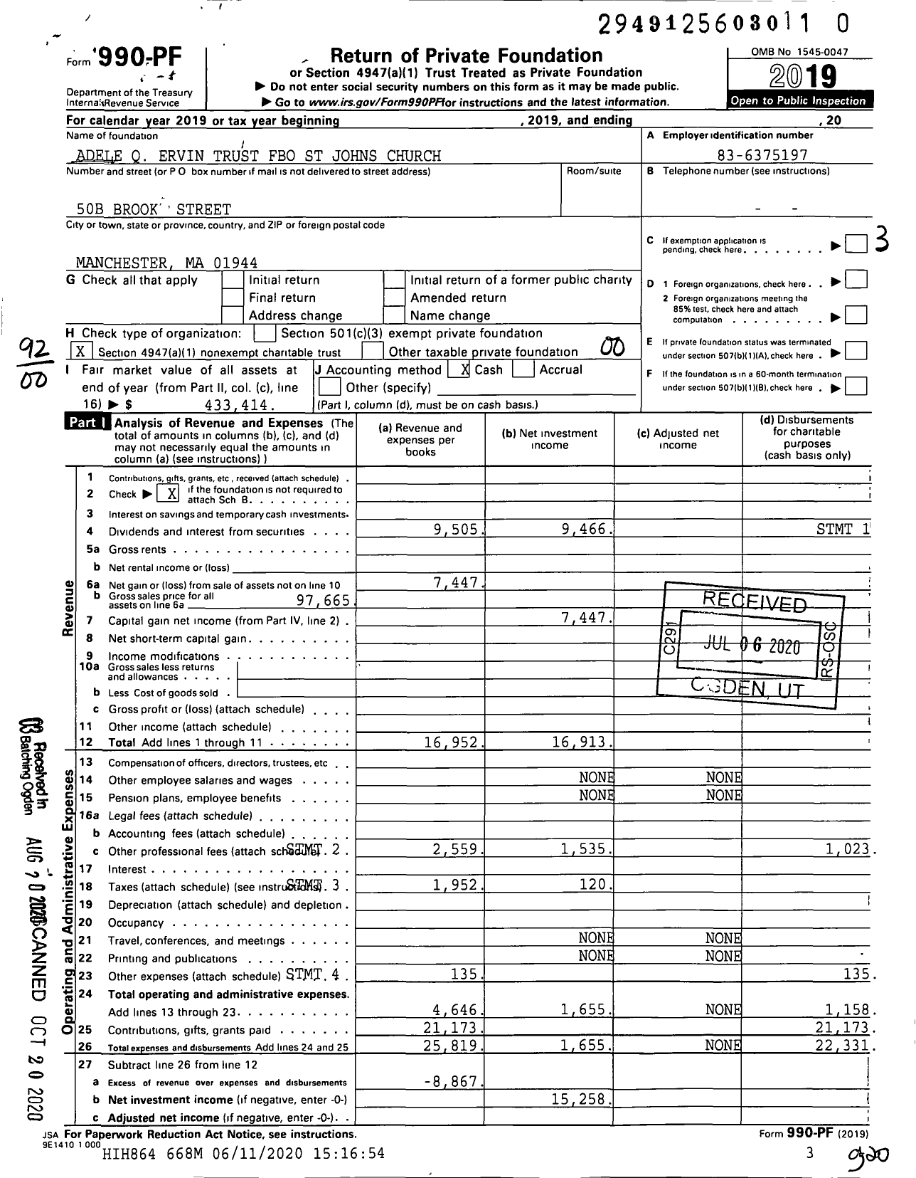 Image of first page of 2019 Form 990PR for Adele Q Ervin Trust Fbo St Johns Church