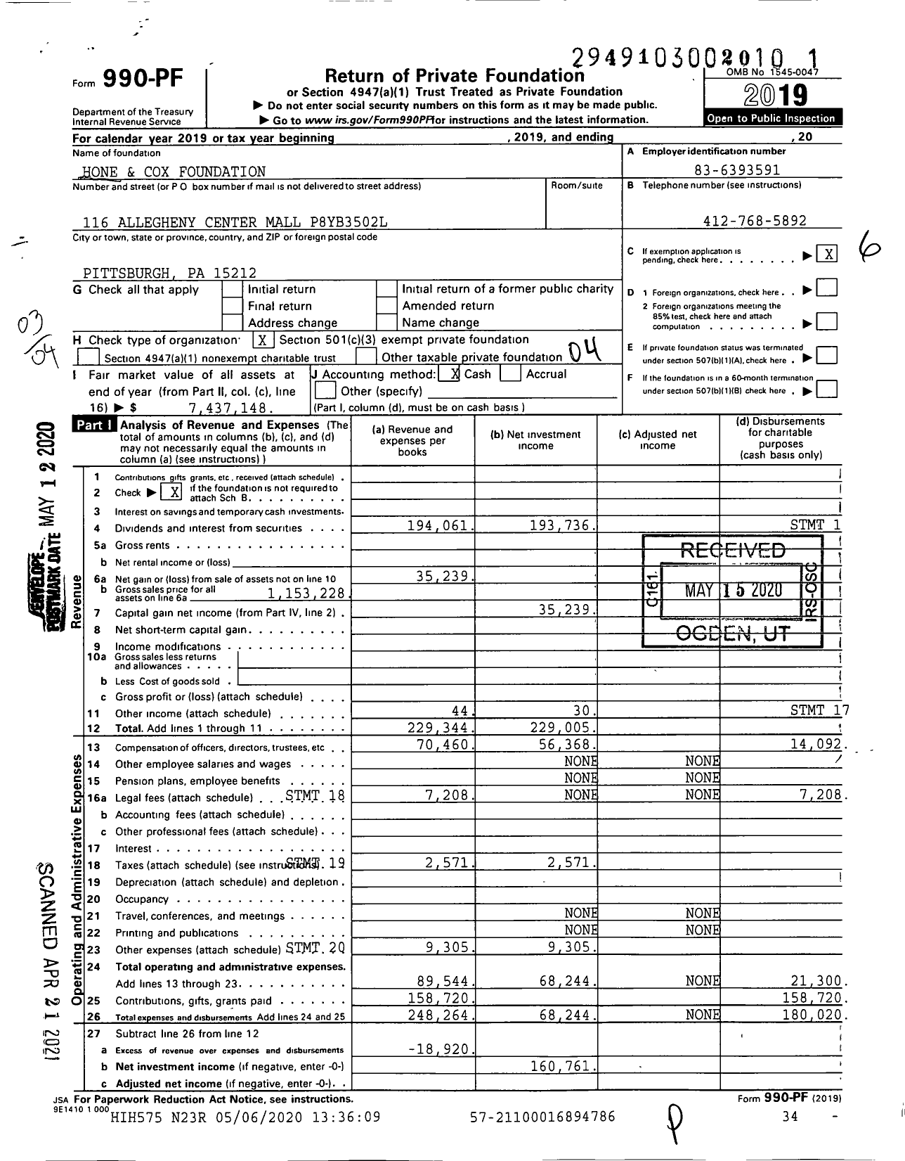 Image of first page of 2019 Form 990PF for Hone and Cox Foundation