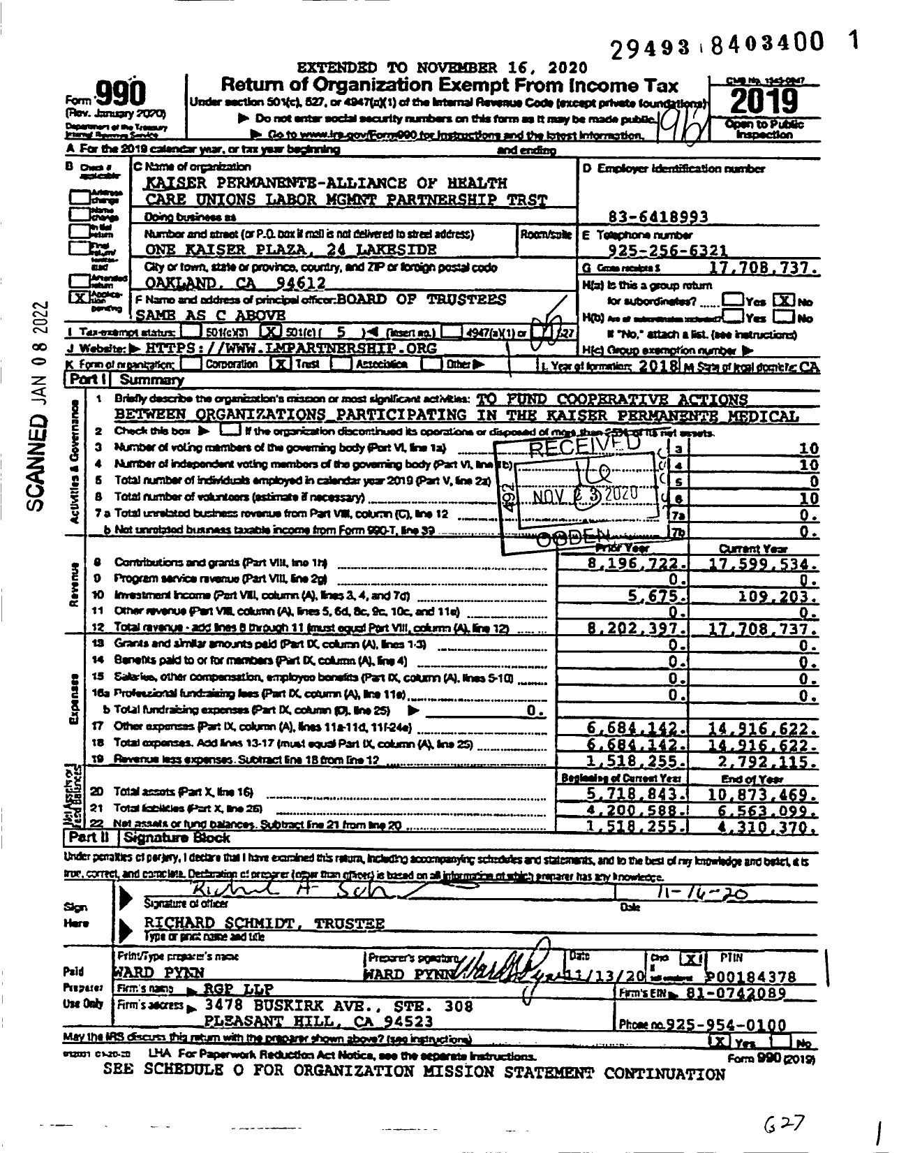 Image of first page of 2019 Form 990O for Kaiser Permanente-Alliance of Health Care Unions Labor MGMNT Partnership TRST