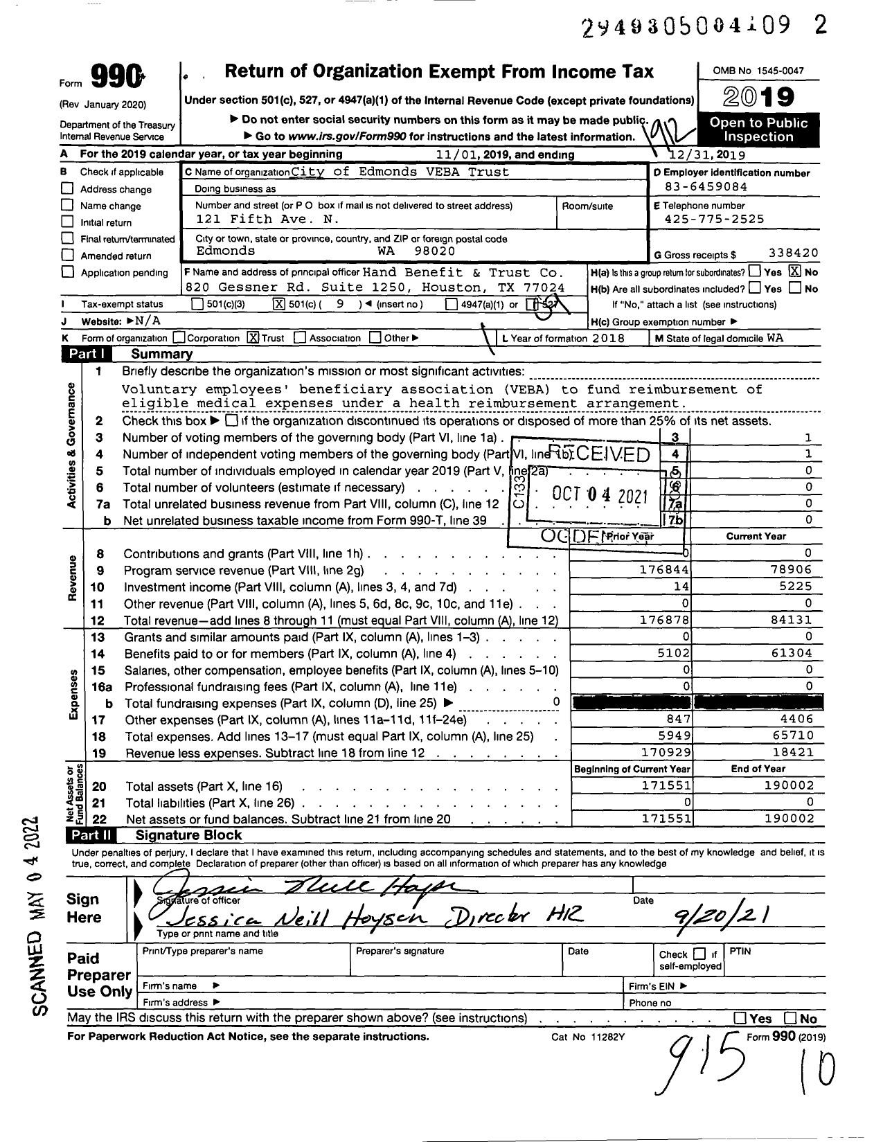 Image of first page of 2019 Form 990O for City of Edmonds VEBA Trust