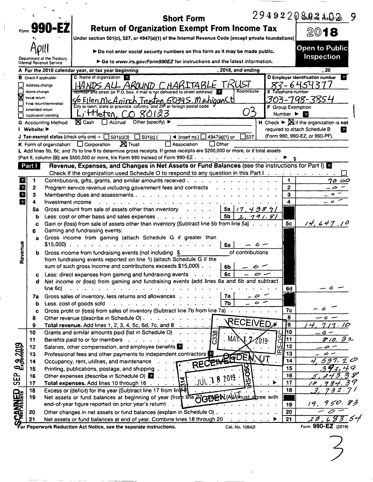 Image of first page of 2018 Form 990EZ for Hands All Around Charitable Trust