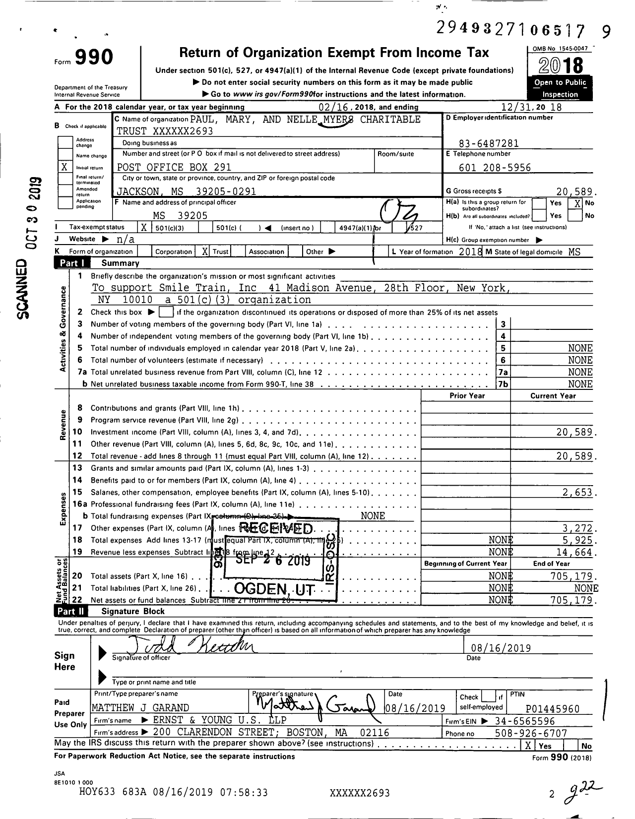 Image of first page of 2018 Form 990 for Paul Mary and Linda Myers Charitable