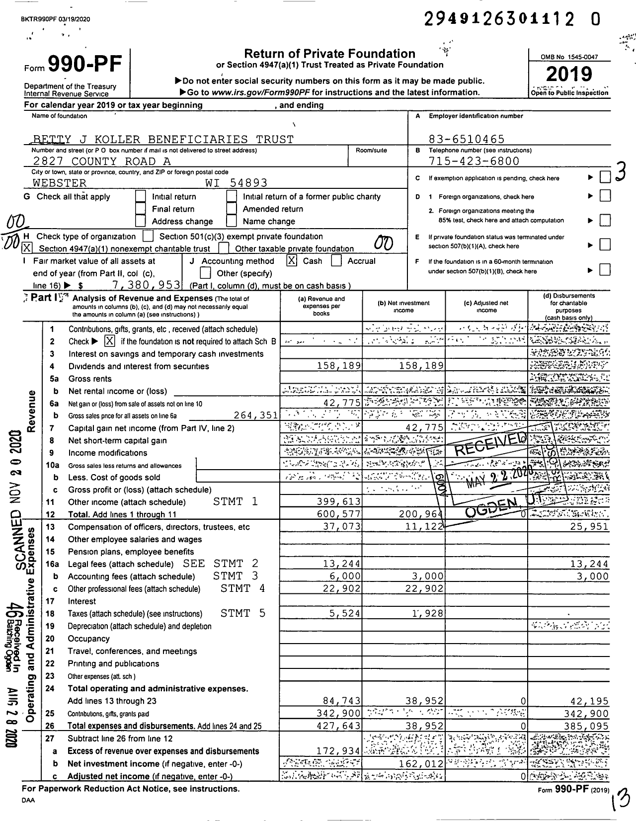 Image of first page of 2019 Form 990PF for Betty J Koller Beneficiaries Trust