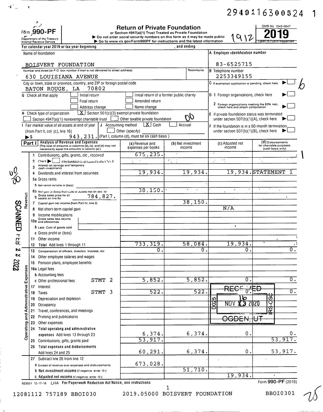 Image of first page of 2019 Form 990PF for Boisvert Foundation