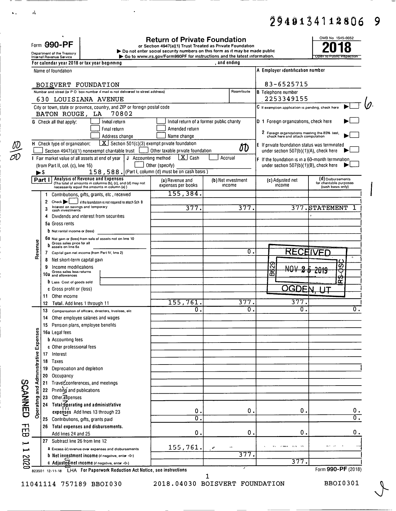 Image of first page of 2018 Form 990PF for Boisvert Foundation