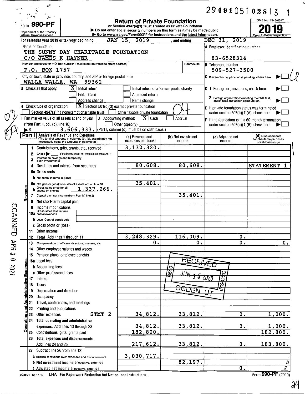 Image of first page of 2019 Form 990PF for The Sunny Day Charitable Foundation