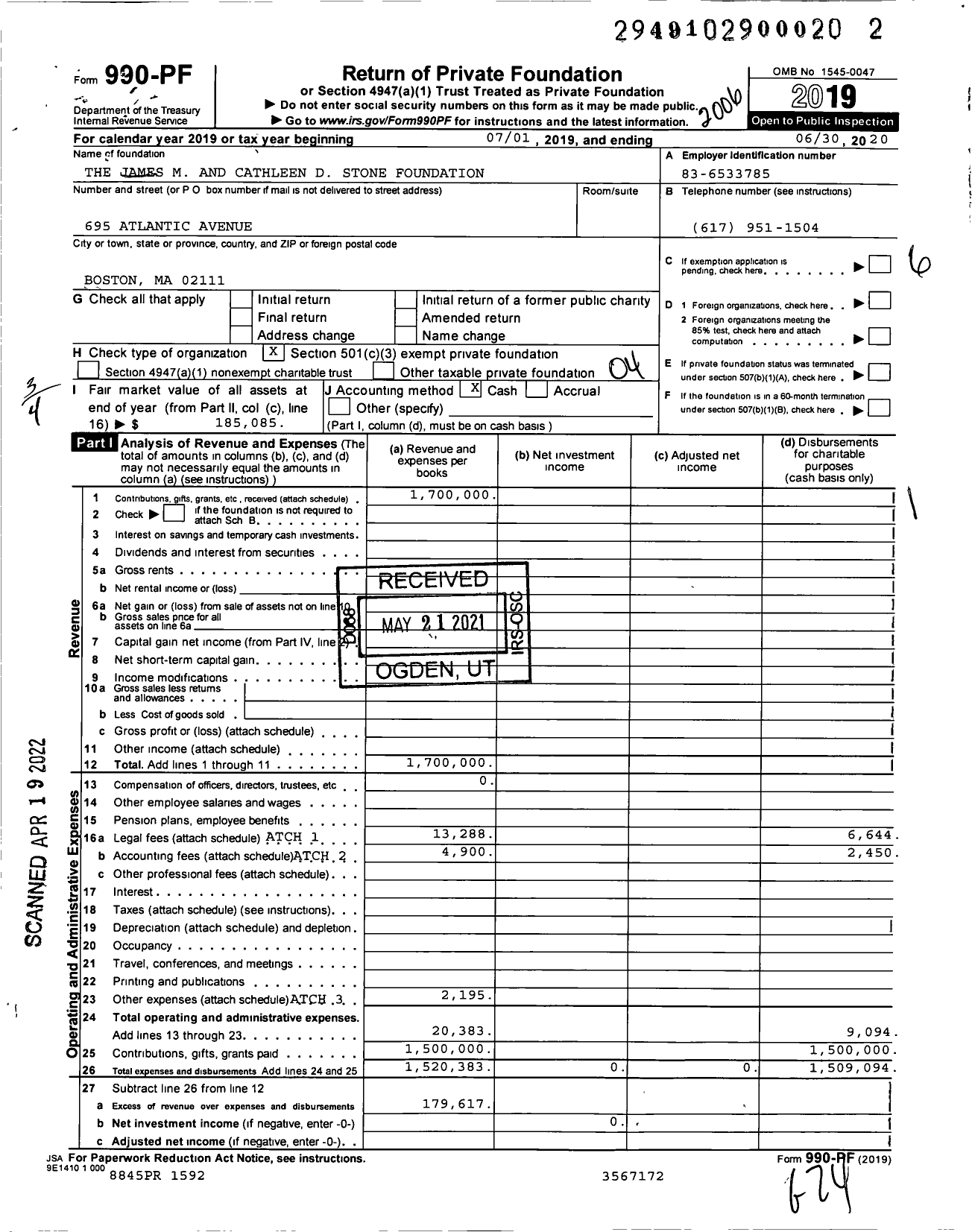 Image of first page of 2019 Form 990PF for The James M and Cathleen D Stone Foundation