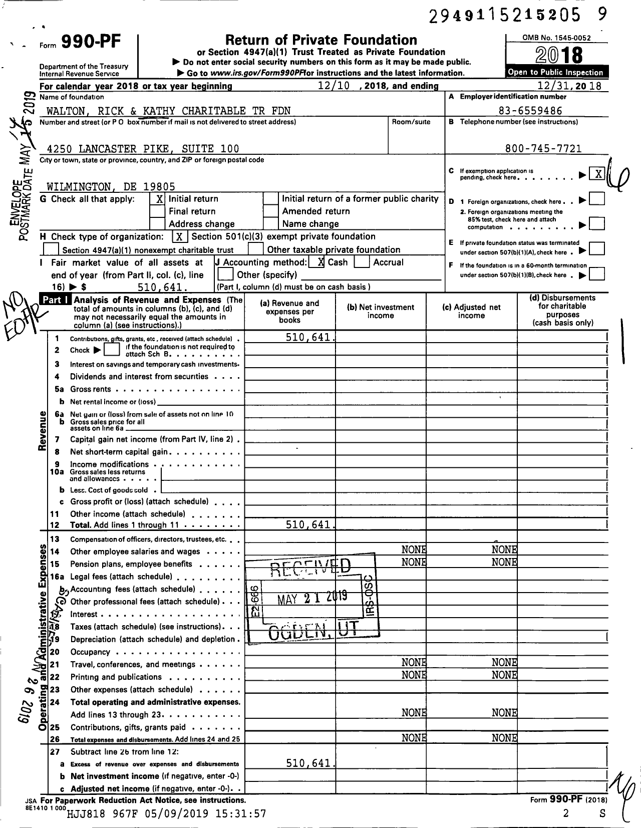 Image of first page of 2018 Form 990PF for Walton Rick and Kathy Charitable TR Foundation