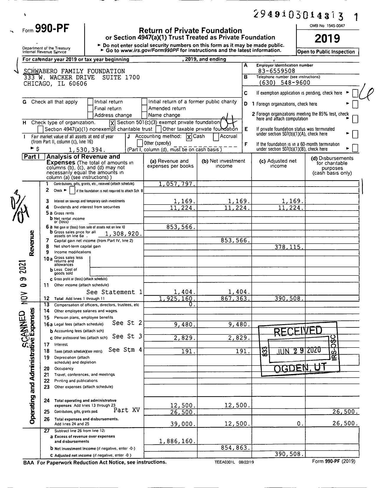 Image of first page of 2019 Form 990PF for Schwabero Family Foundation