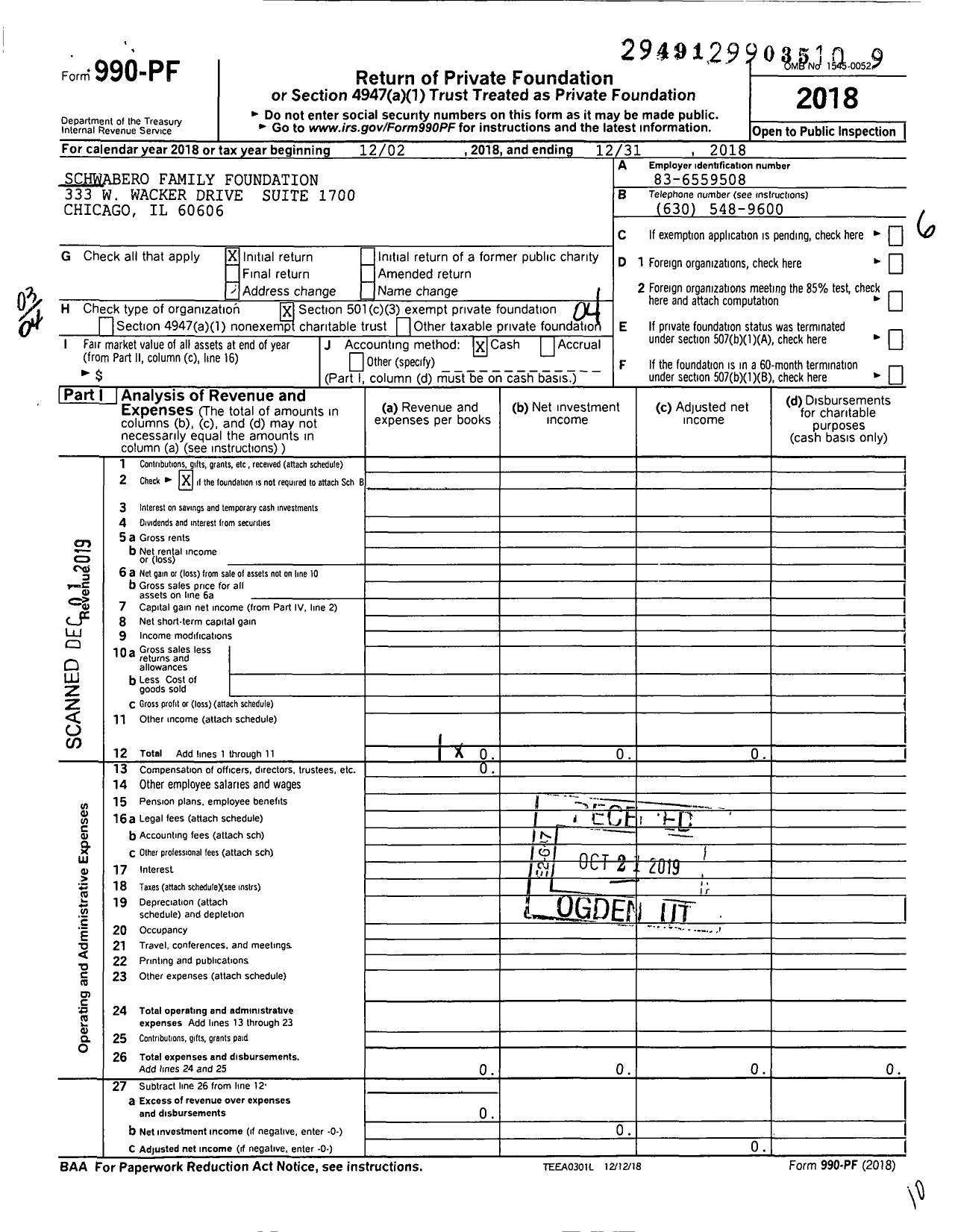 Image of first page of 2018 Form 990PF for Schwabero Family Foundation
