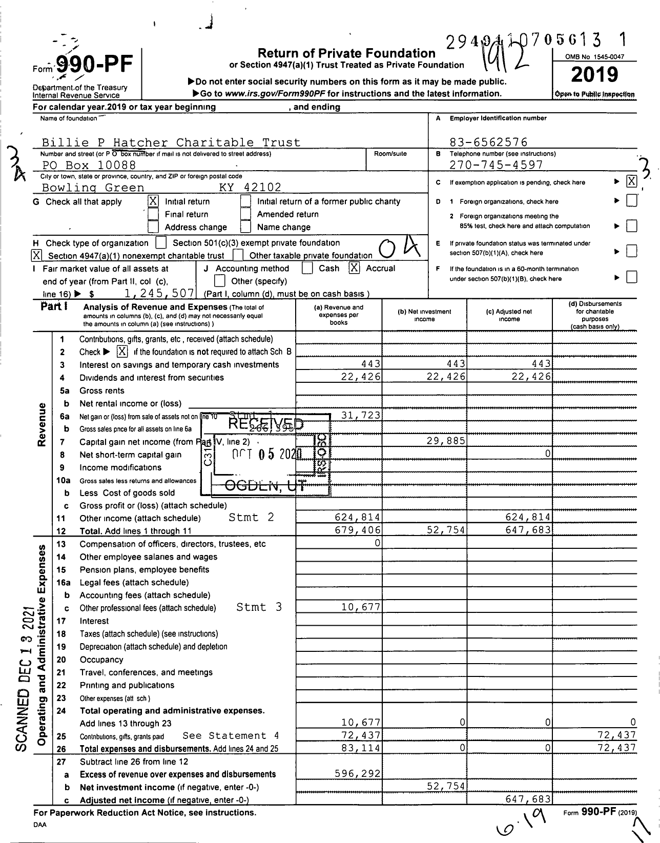 Image of first page of 2019 Form 990PF for Billie P Hatcher Charitable Trust