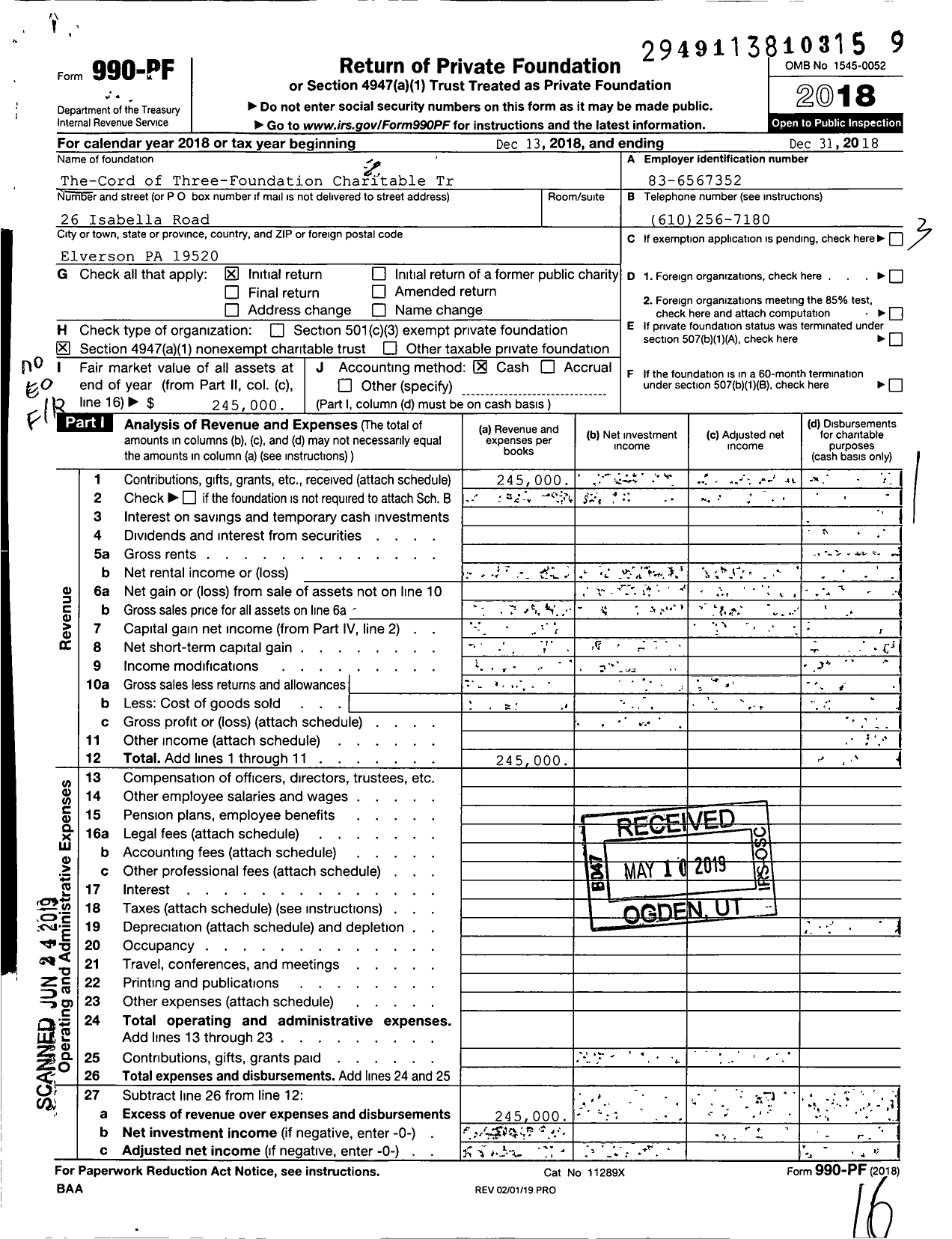 Image of first page of 2018 Form 990PF for The-Cord Of Three-Foundation Charitable Trust