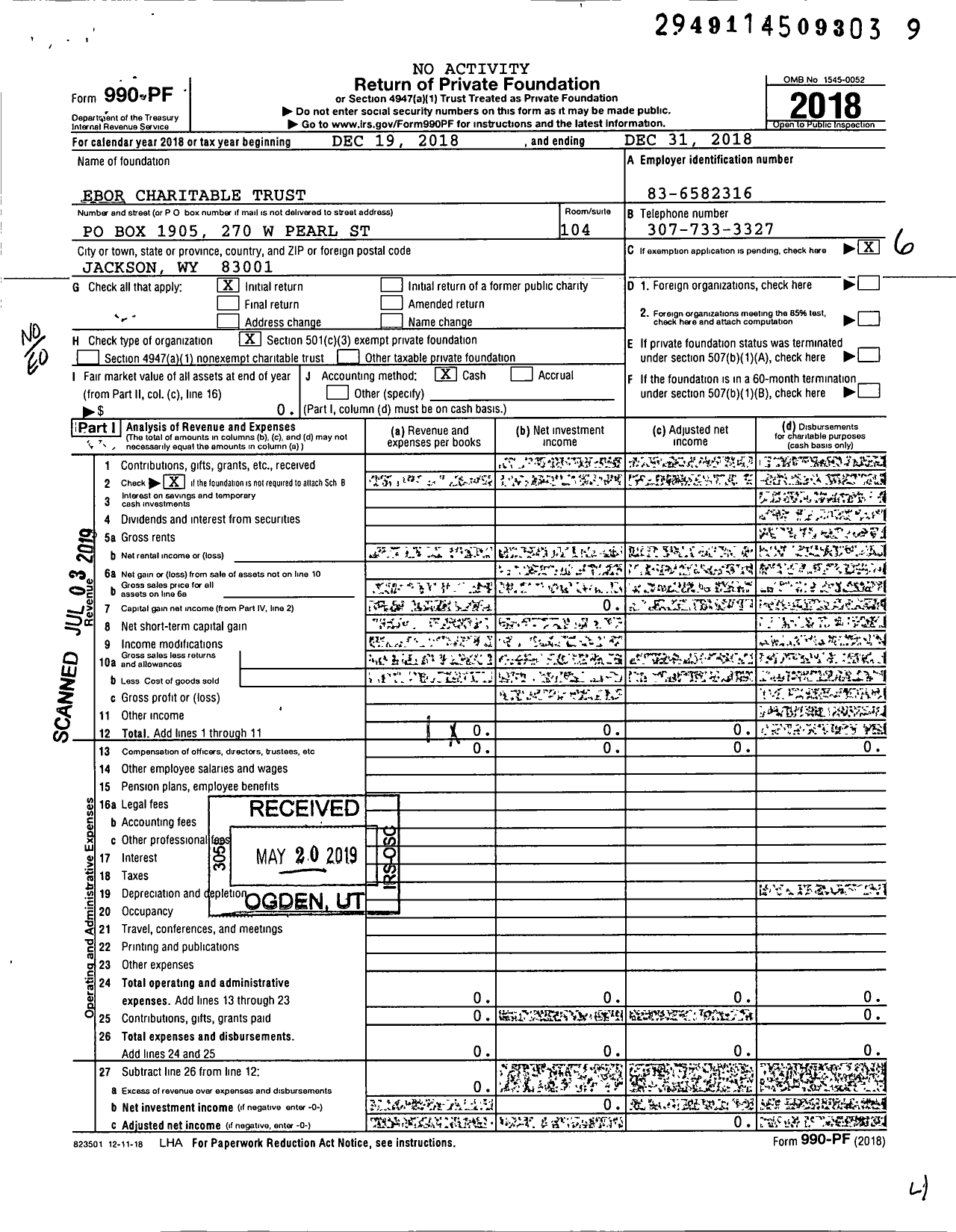 Image of first page of 2018 Form 990PF for Ebor Charitable Trust