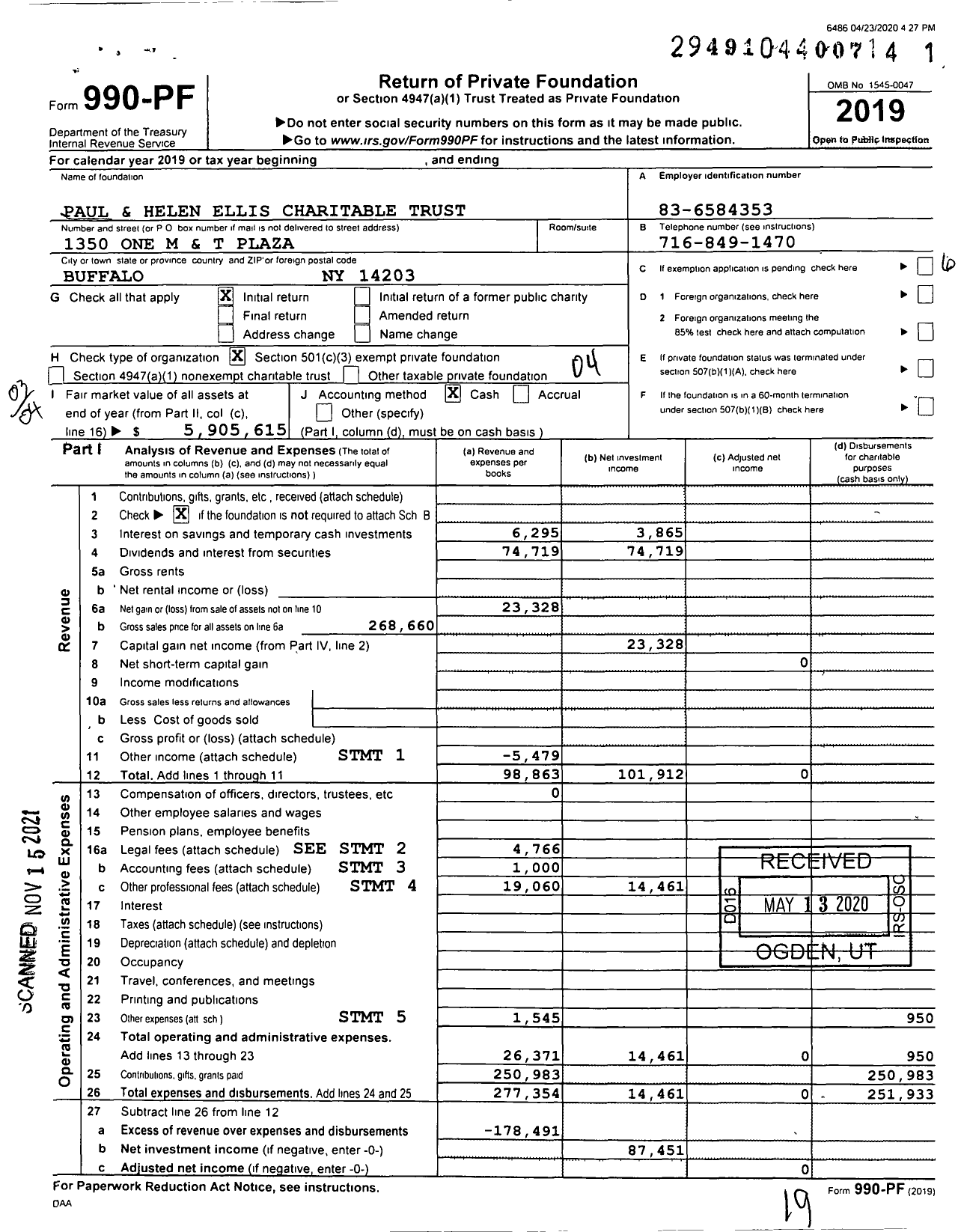 Image of first page of 2019 Form 990PF for Paul and Helen Ellis Charitable Trust Trubee Wealth Advisors