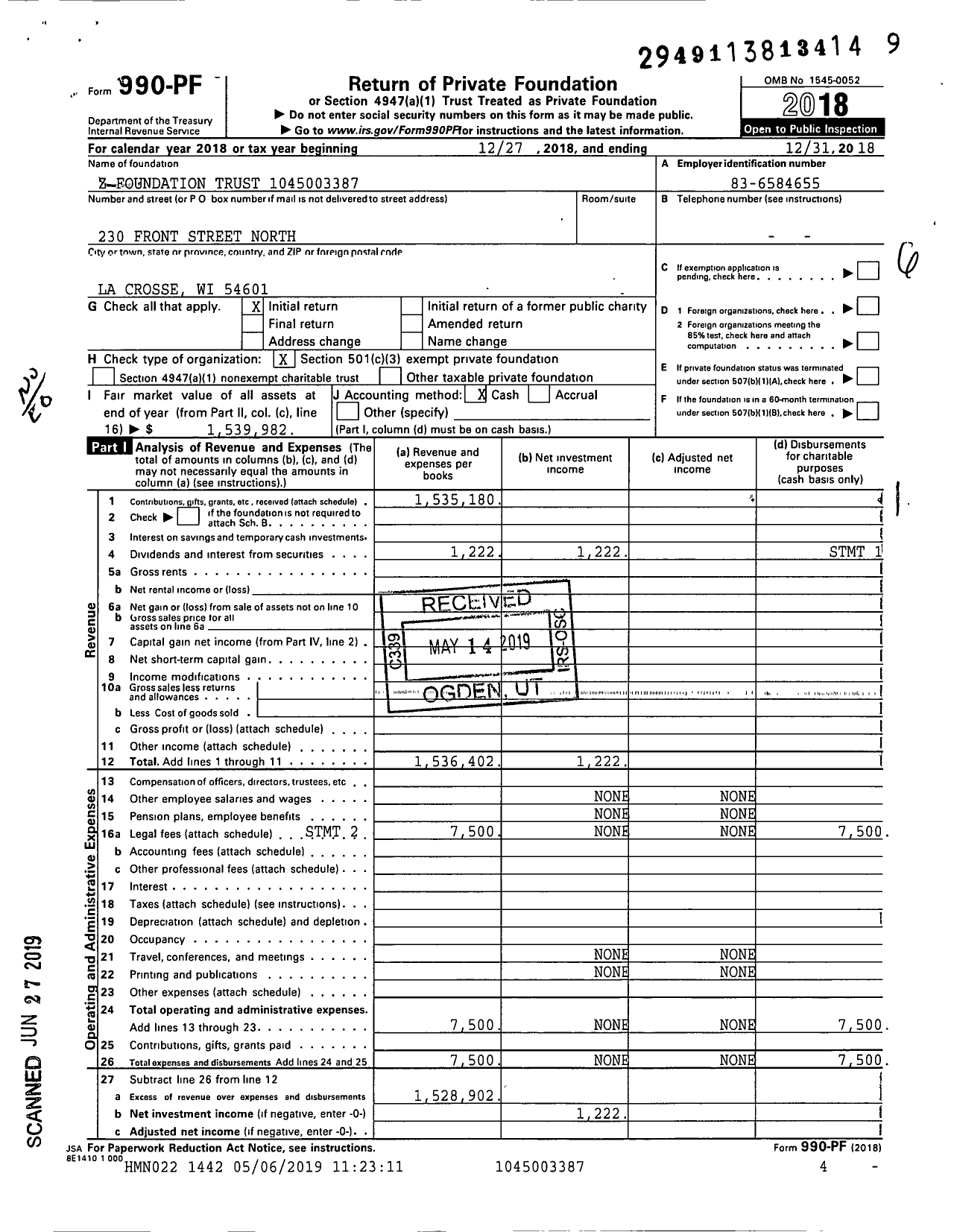 Image of first page of 2018 Form 990PF for Z Foundation Trust
