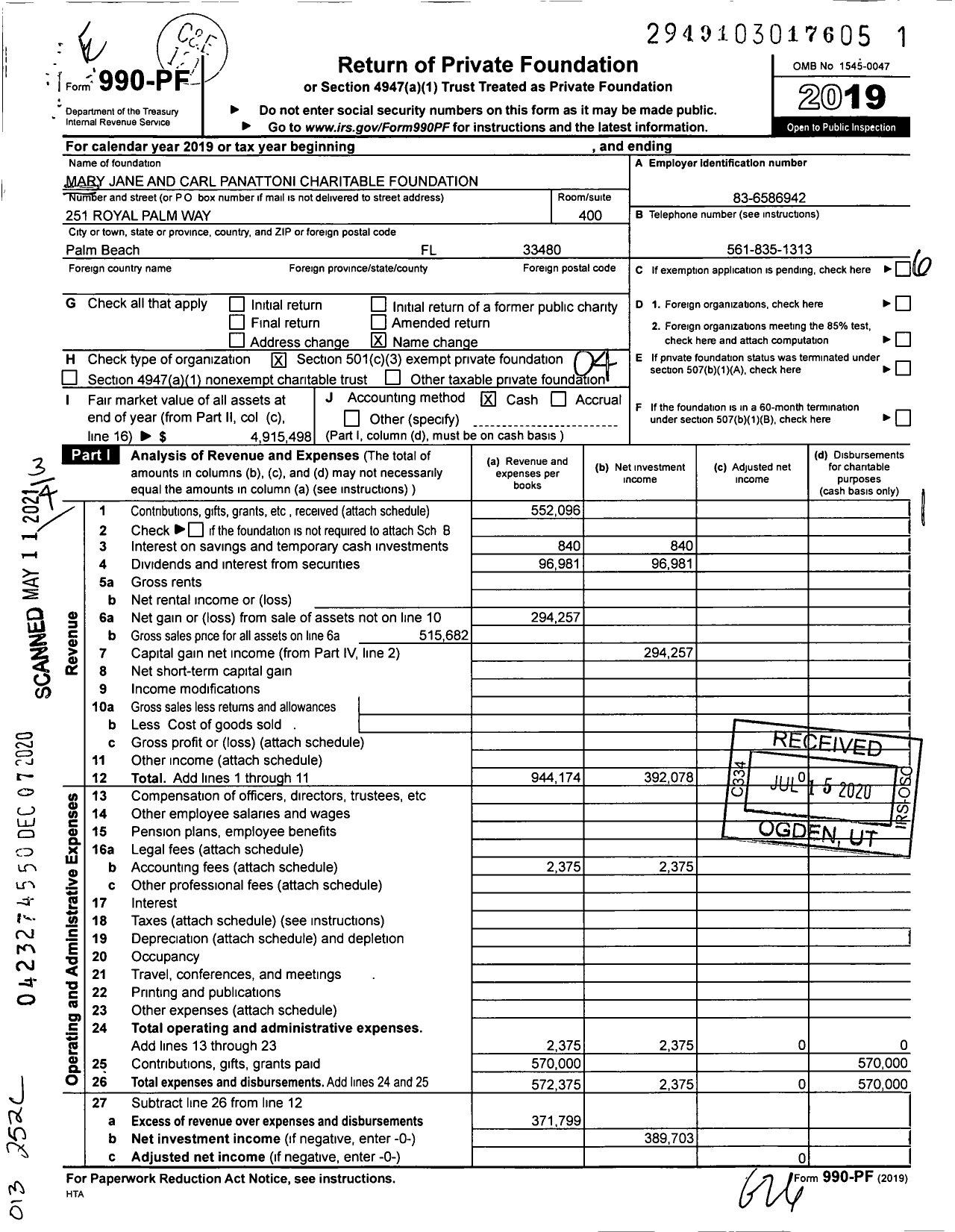 Image of first page of 2019 Form 990PF for Mary Jane and Carl Panattoni Charitable Foundation