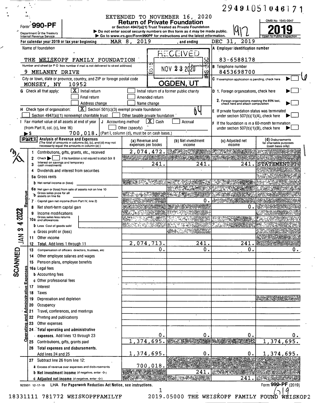 Image of first page of 2019 Form 990PF for The Weiskopf Family Foundation