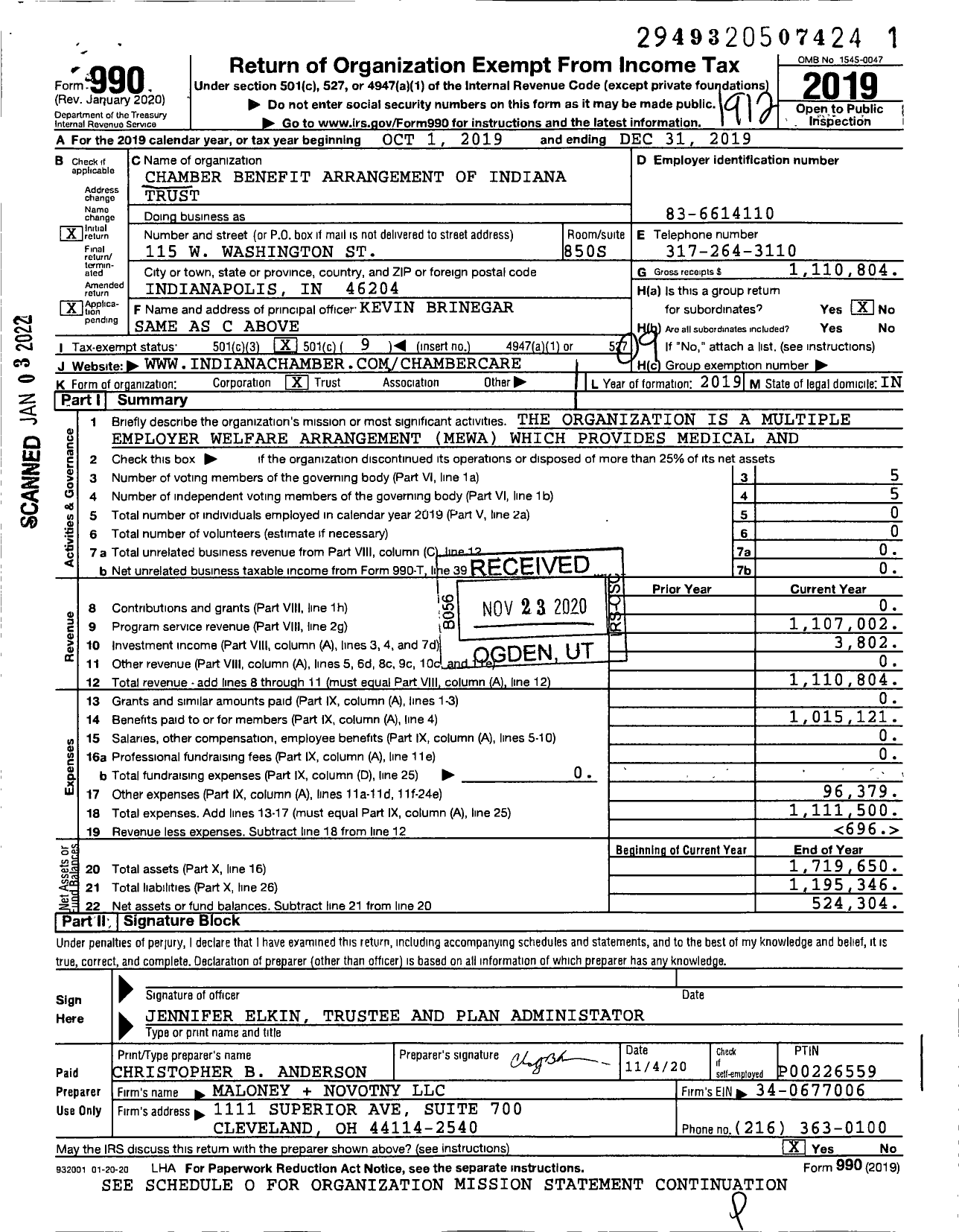 Image of first page of 2019 Form 990O for Chamber Benefit Arrangement of Indiana Trust