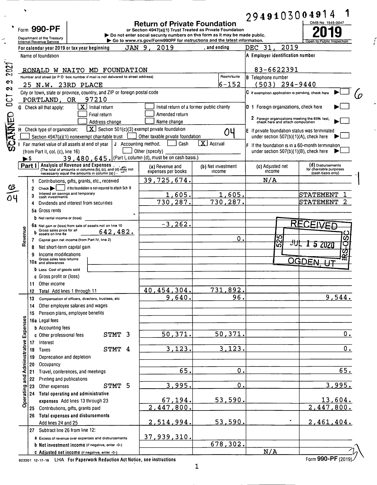 Image of first page of 2019 Form 990PF for Ronald W Naito MD Foundation