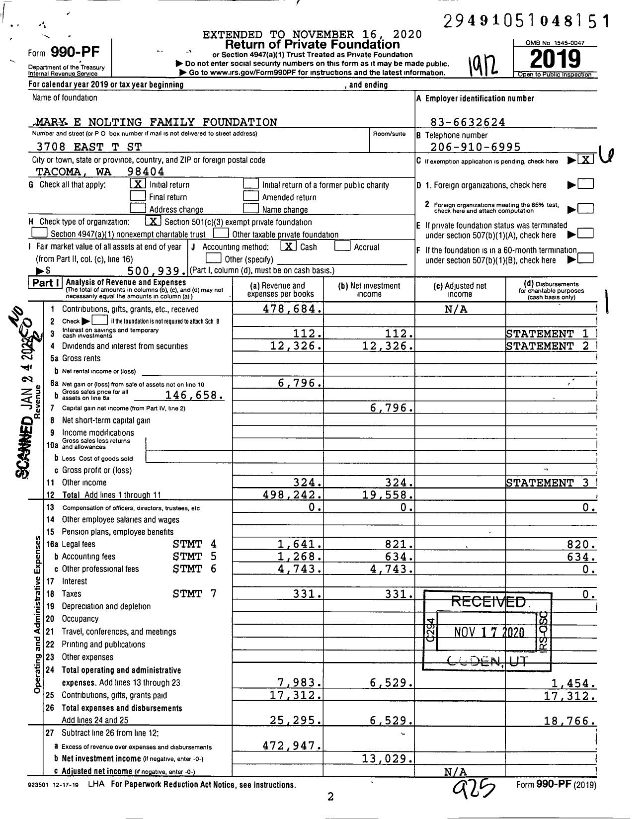 Image of first page of 2019 Form 990PF for Mary E Nolting Family Foundation