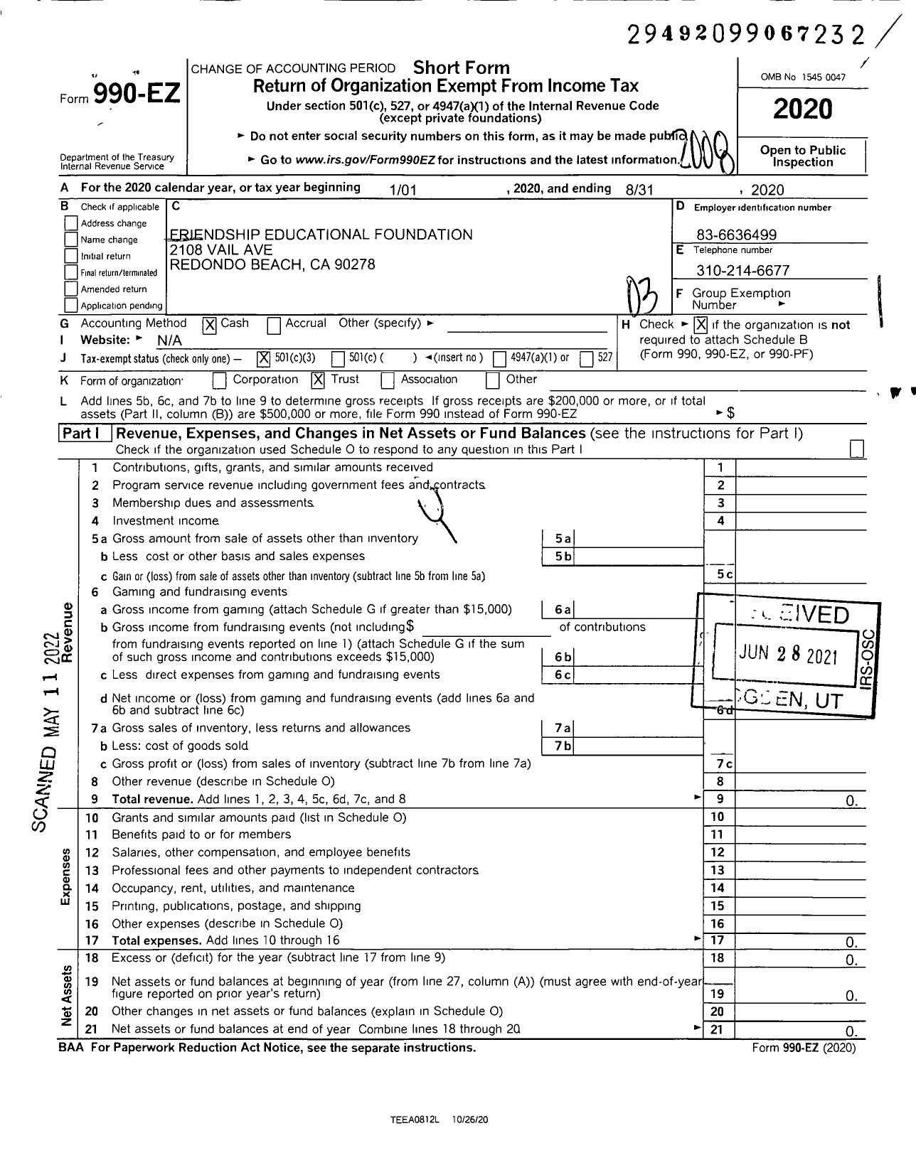 Image of first page of 2019 Form 990EZ for Friendship Educational Foundation