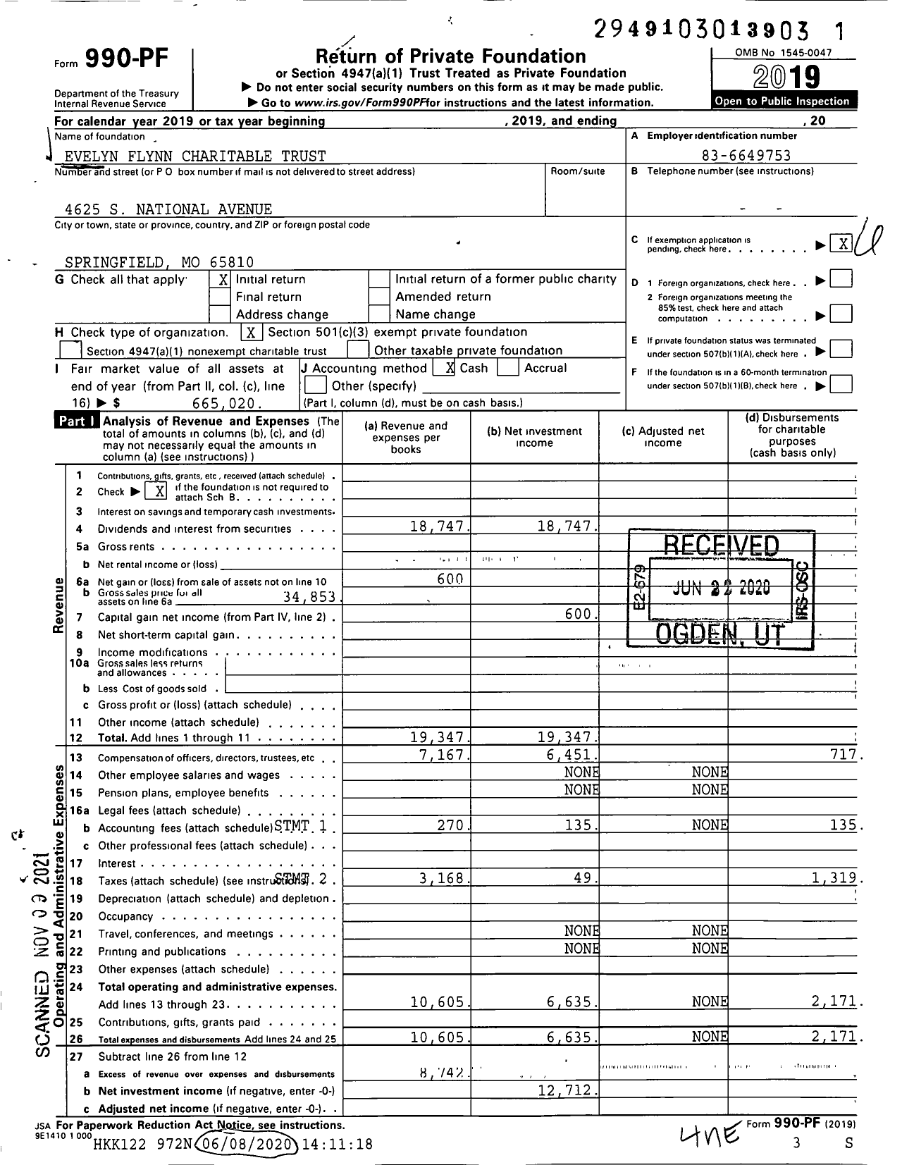 Image of first page of 2019 Form 990PF for Evelyn Flynn Charitable Trust 30515006056