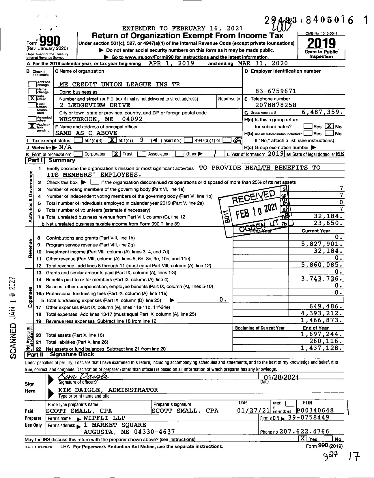 Image of first page of 2019 Form 990O for Me Credit Union League Ins Trust