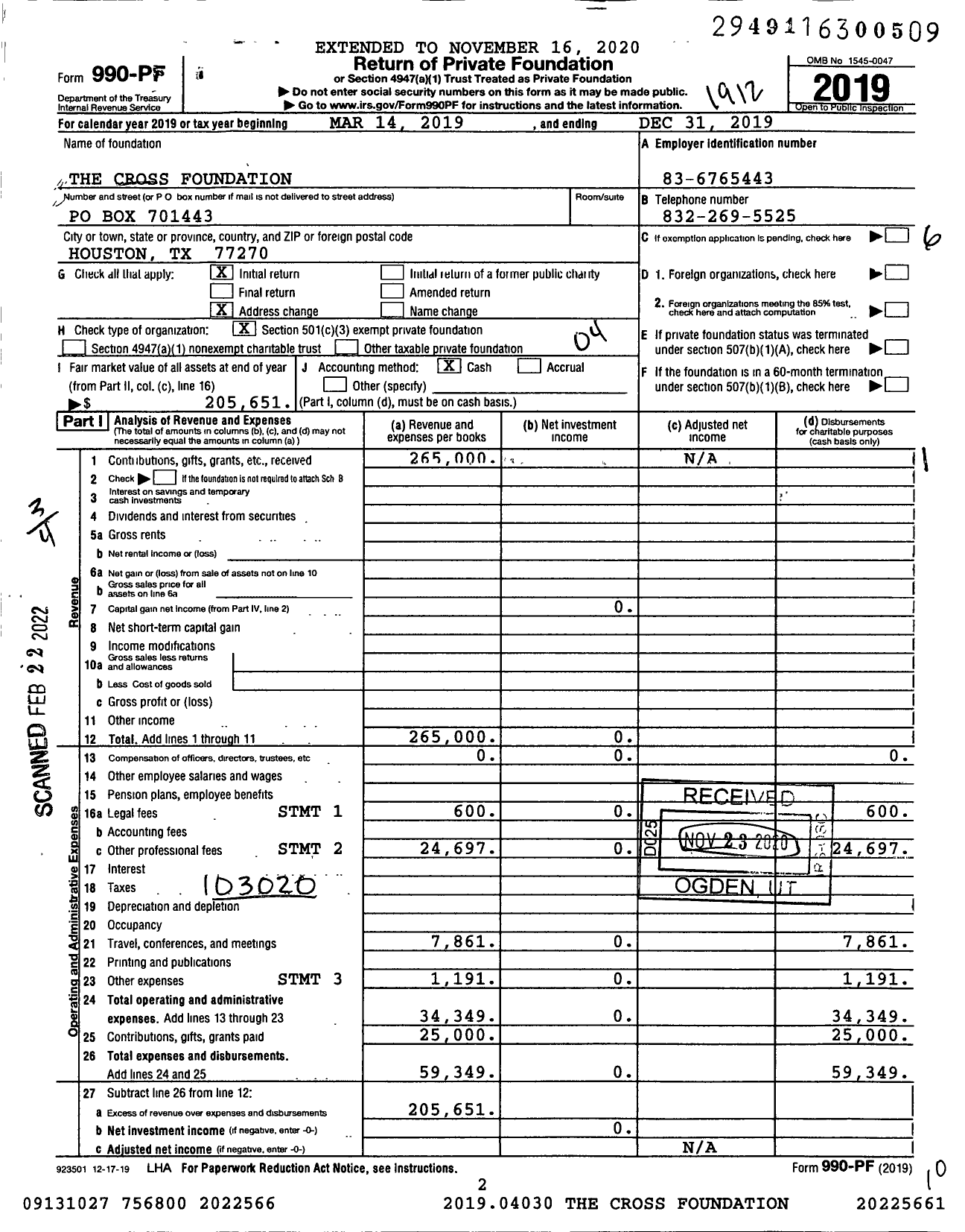 Image of first page of 2019 Form 990PF for The Cross Foundation / Bradley Cross Ttee