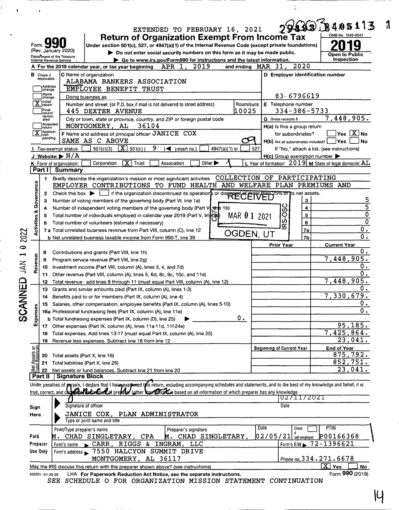 Image of first page of 2019 Form 990O for Alabama Bankers Association Employee Benefit Trust