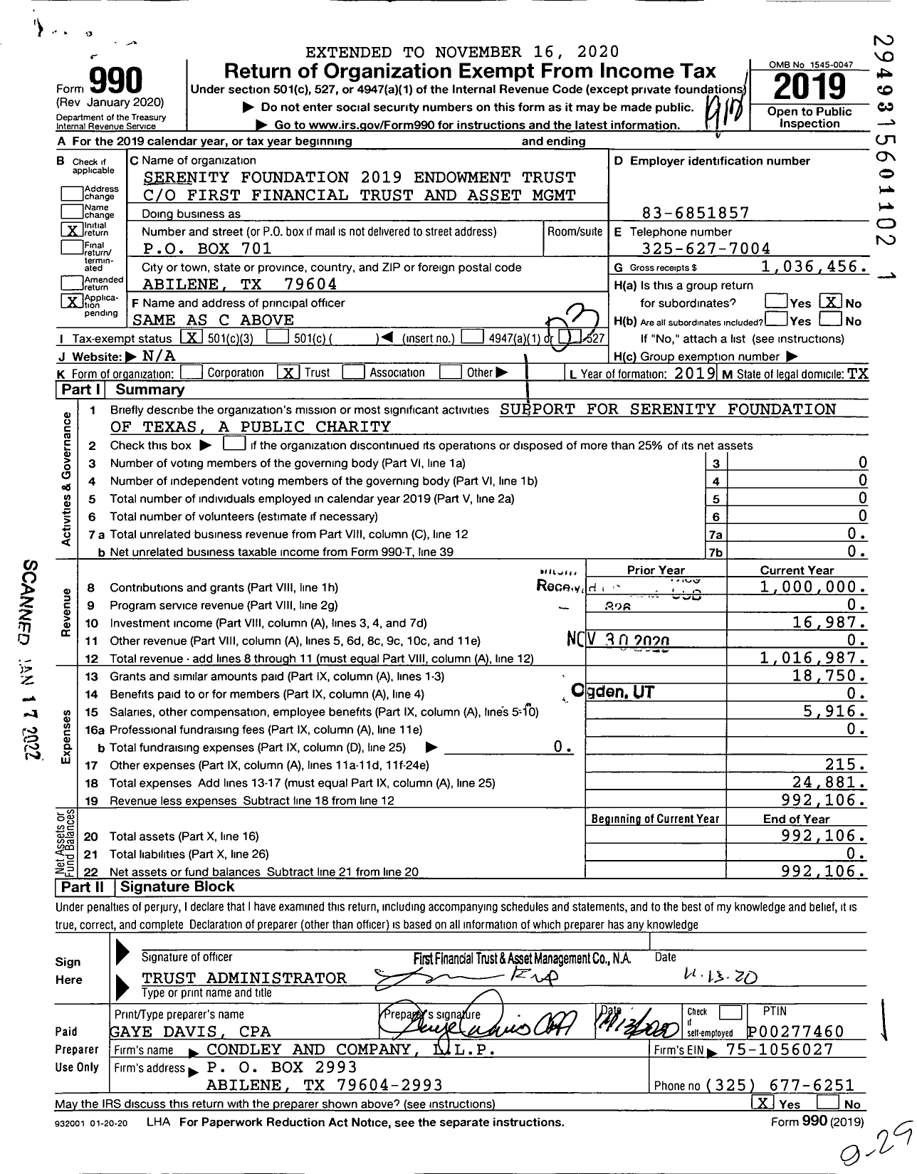 Image of first page of 2019 Form 990 for Serenity Foundation 2019 Endowment Trust