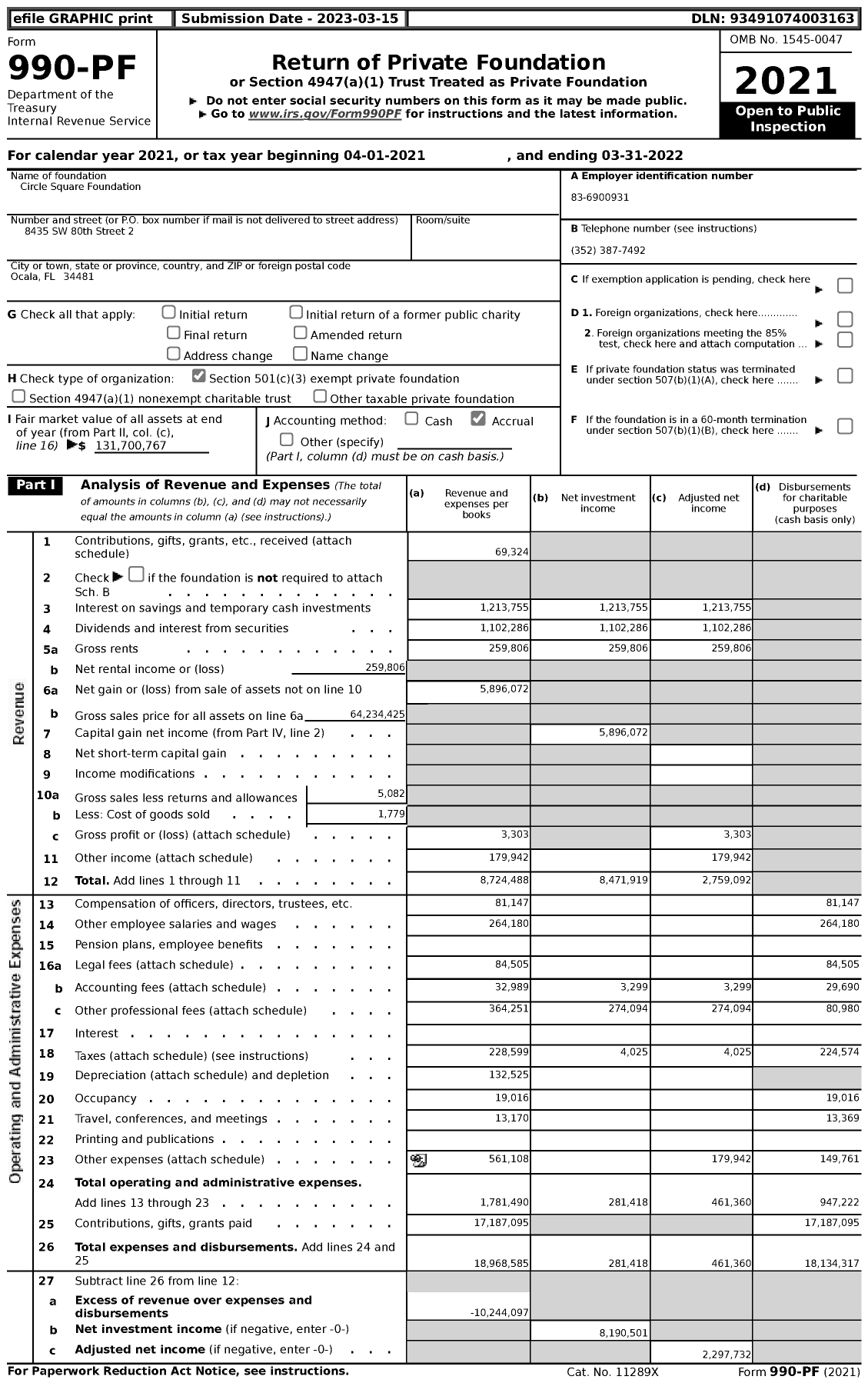 Image of first page of 2021 Form 990PF for Circle Square Foundation / Kenneth D Colen Ttee