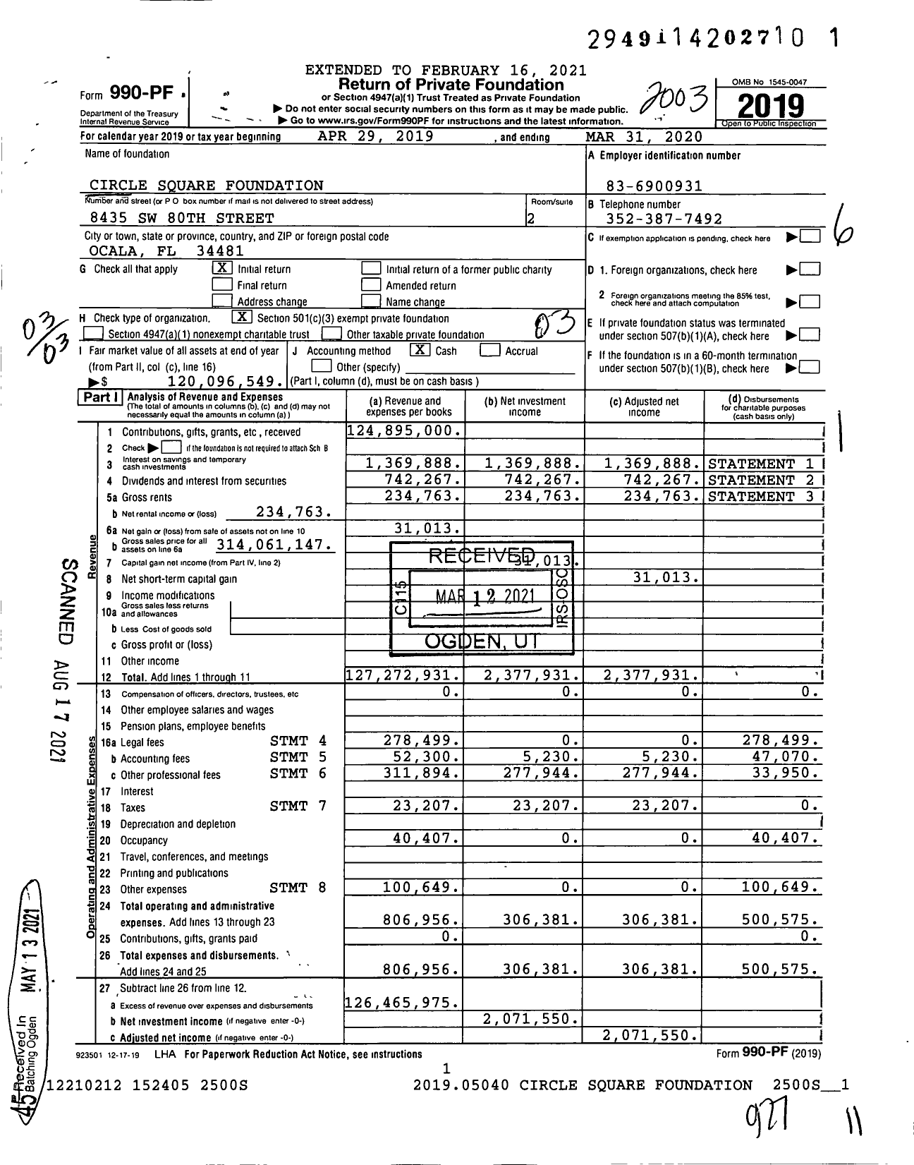 Image of first page of 2019 Form 990PF for Circle Square Foundation / Kenneth D Colen Ttee