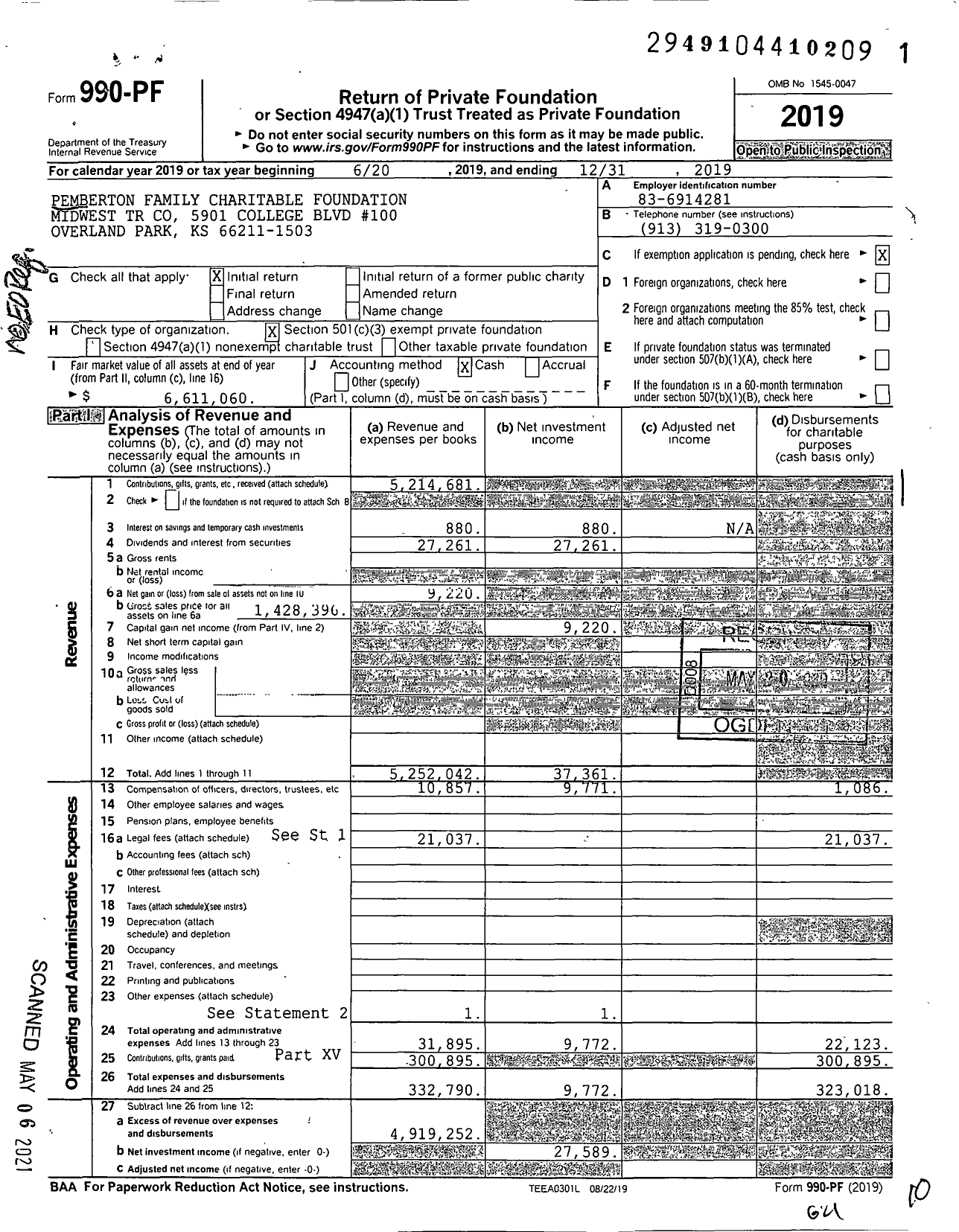 Image of first page of 2019 Form 990PF for Pemberton Family Char Fndtn Uad 4-20-1 As Amd and RSTD