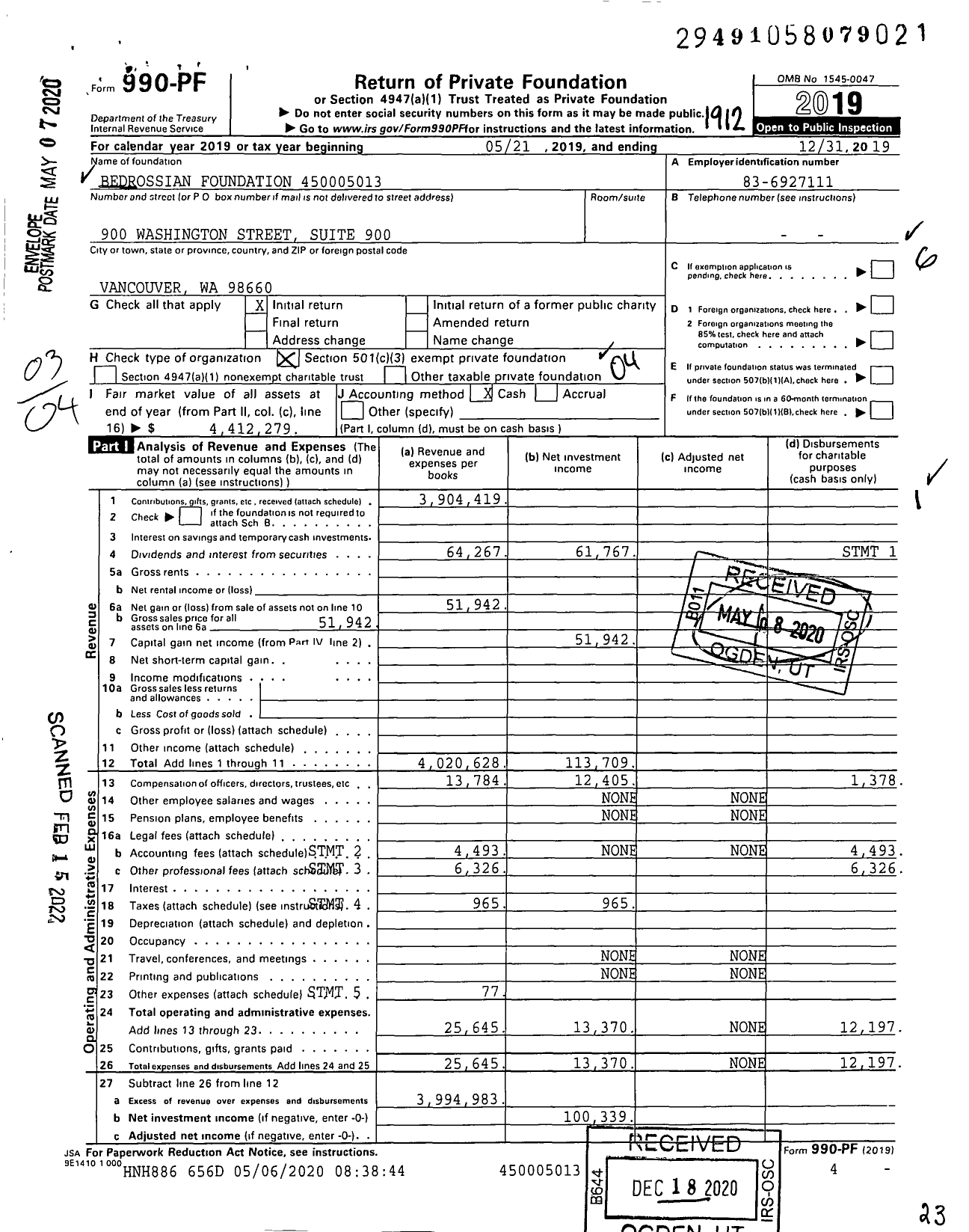 Image of first page of 2019 Form 990PF for Bedrossian Foundation