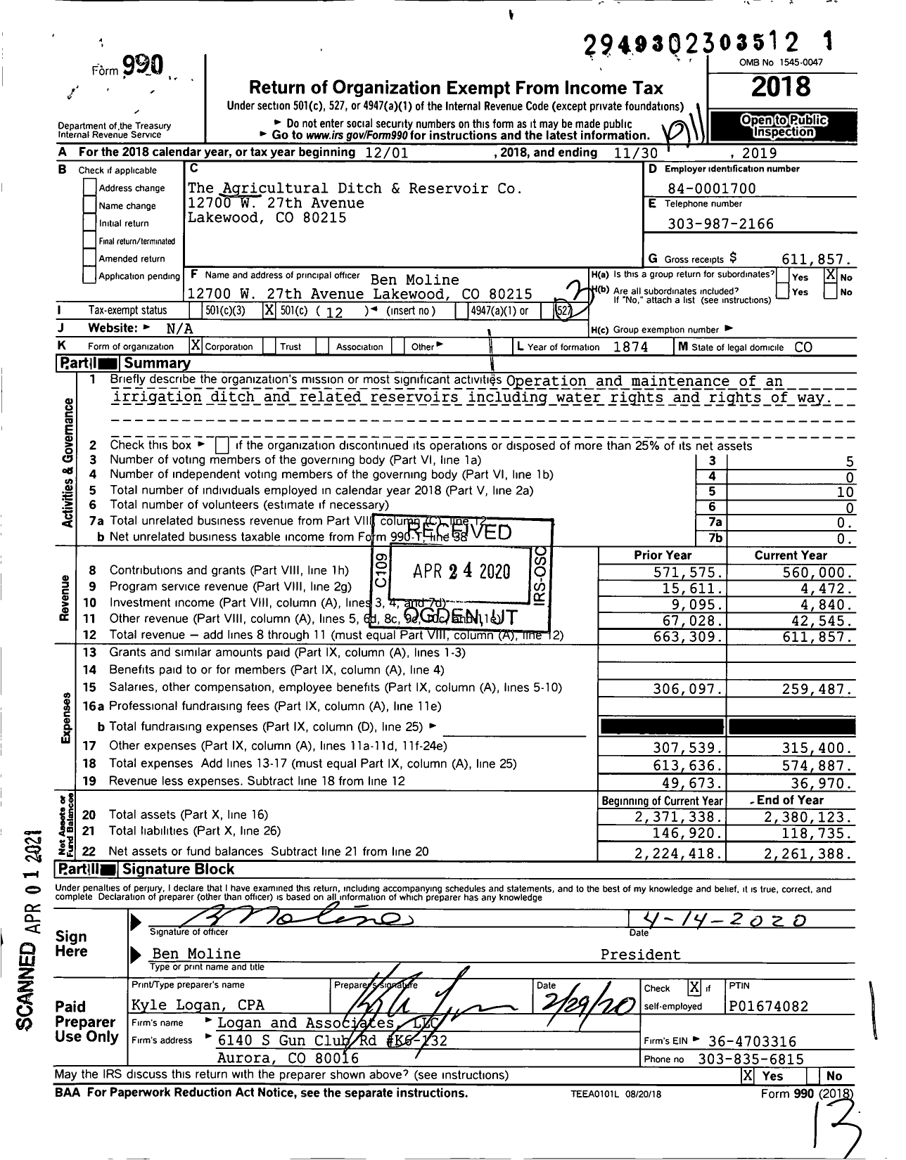 Image of first page of 2018 Form 990 for The Agricultural Ditch and Reservior