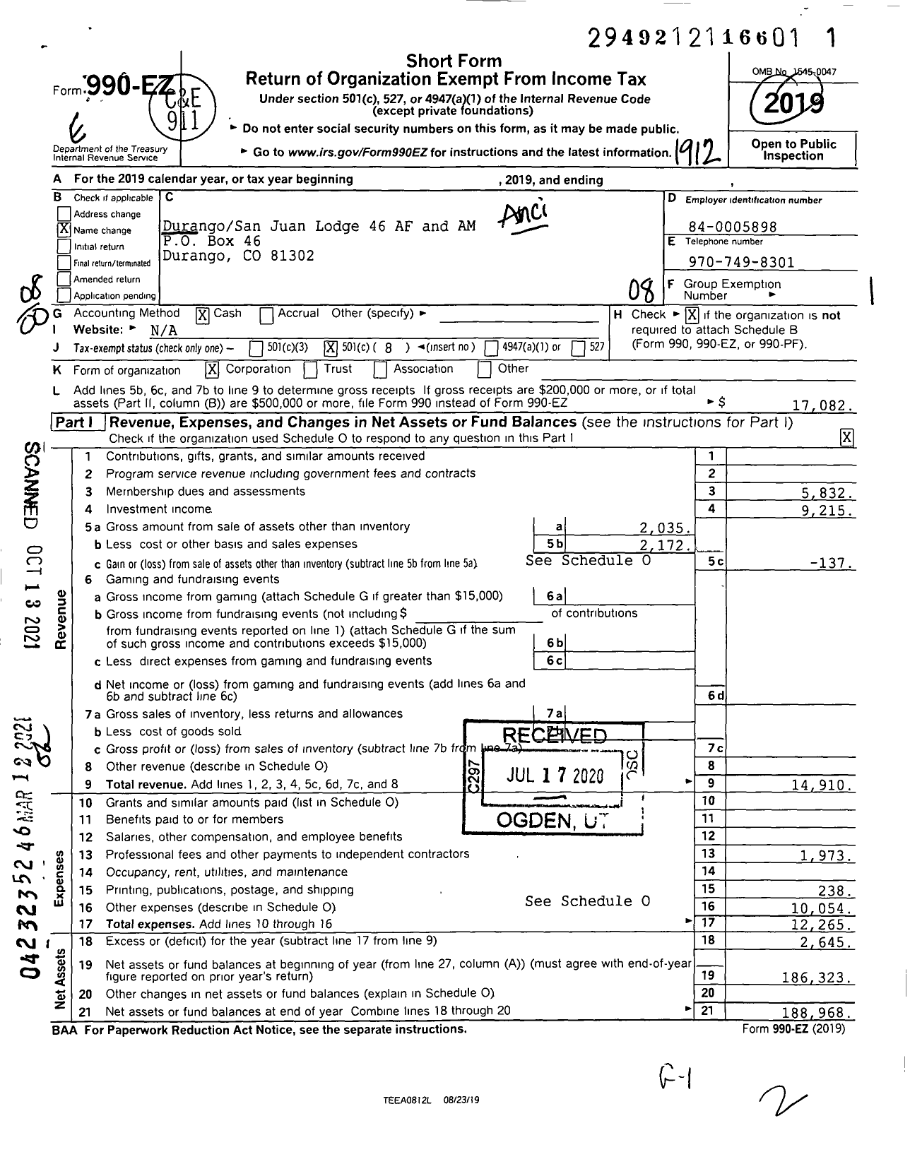 Image of first page of 2019 Form 990EO for Ancient Free and Accepted Masons of Colorado - 46 Durango-San Juan