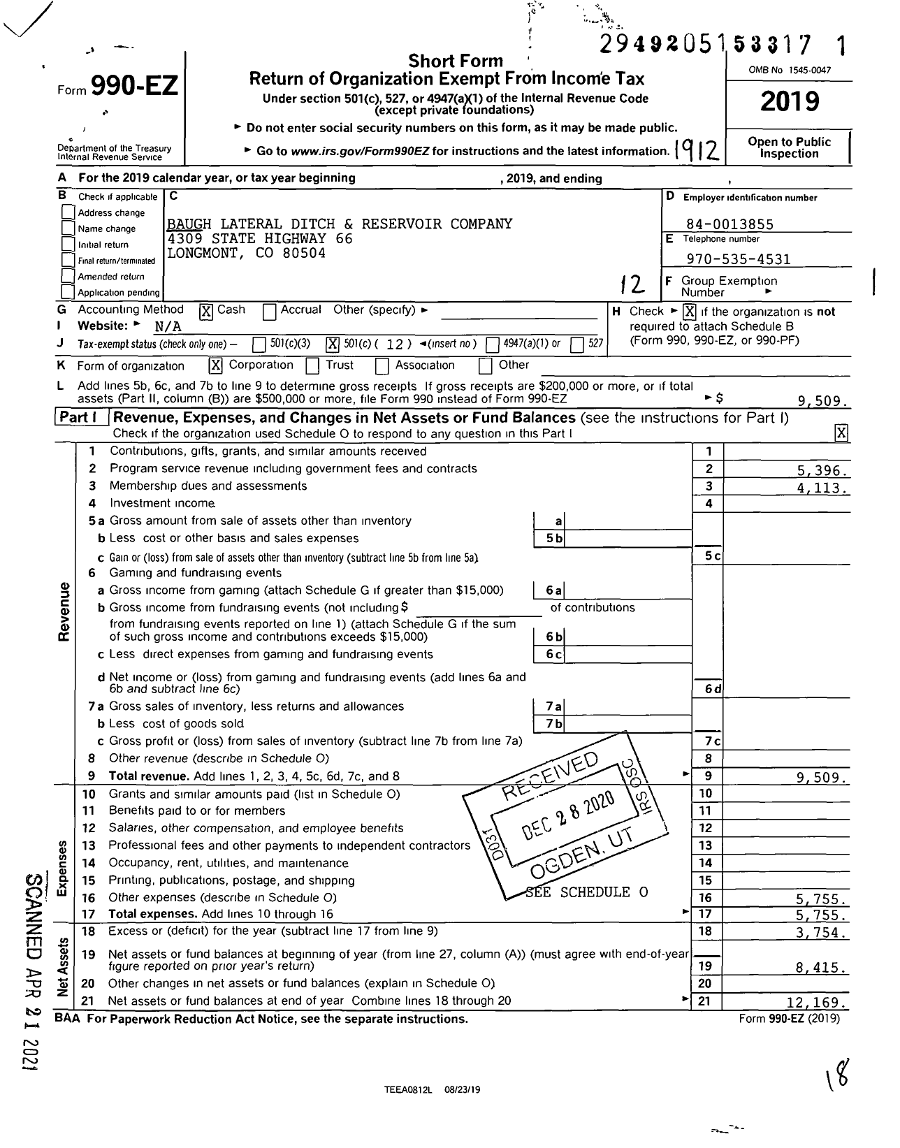 Image of first page of 2019 Form 990EO for Baugh Lateral Ditch and Reservoir Company
