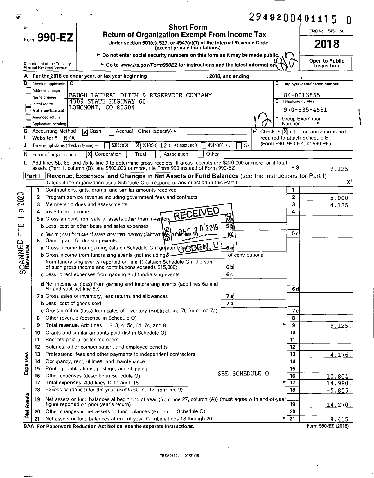 Image of first page of 2018 Form 990EO for Baugh Lateral Ditch and Reservoir Company