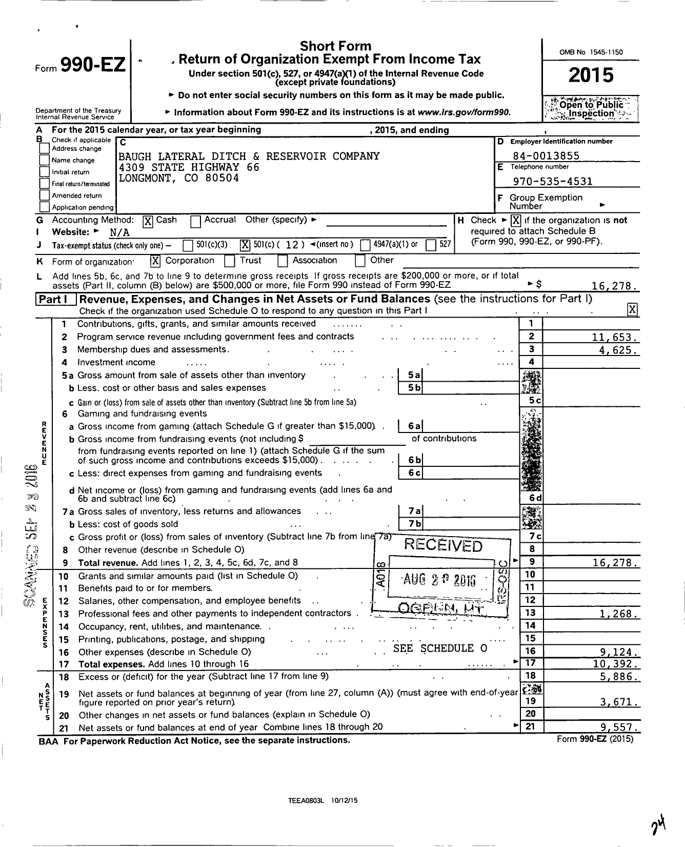 Image of first page of 2015 Form 990EO for Baugh Lateral Ditch and Reservoir Company