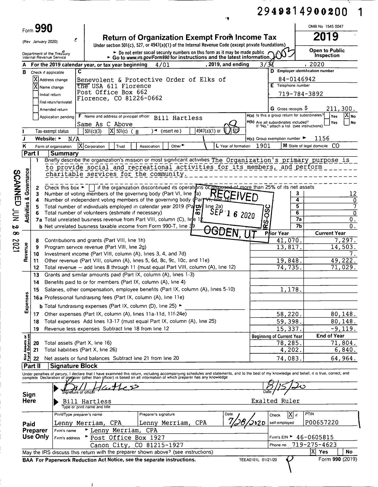 Image of first page of 2019 Form 990O for Benevolent and Protective Order of Elks - 611 Florence