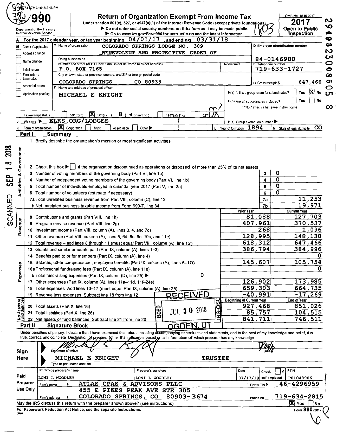 Image of first page of 2017 Form 990O for Benevolent and Protective Order of Elks - 309 Colorado Springs